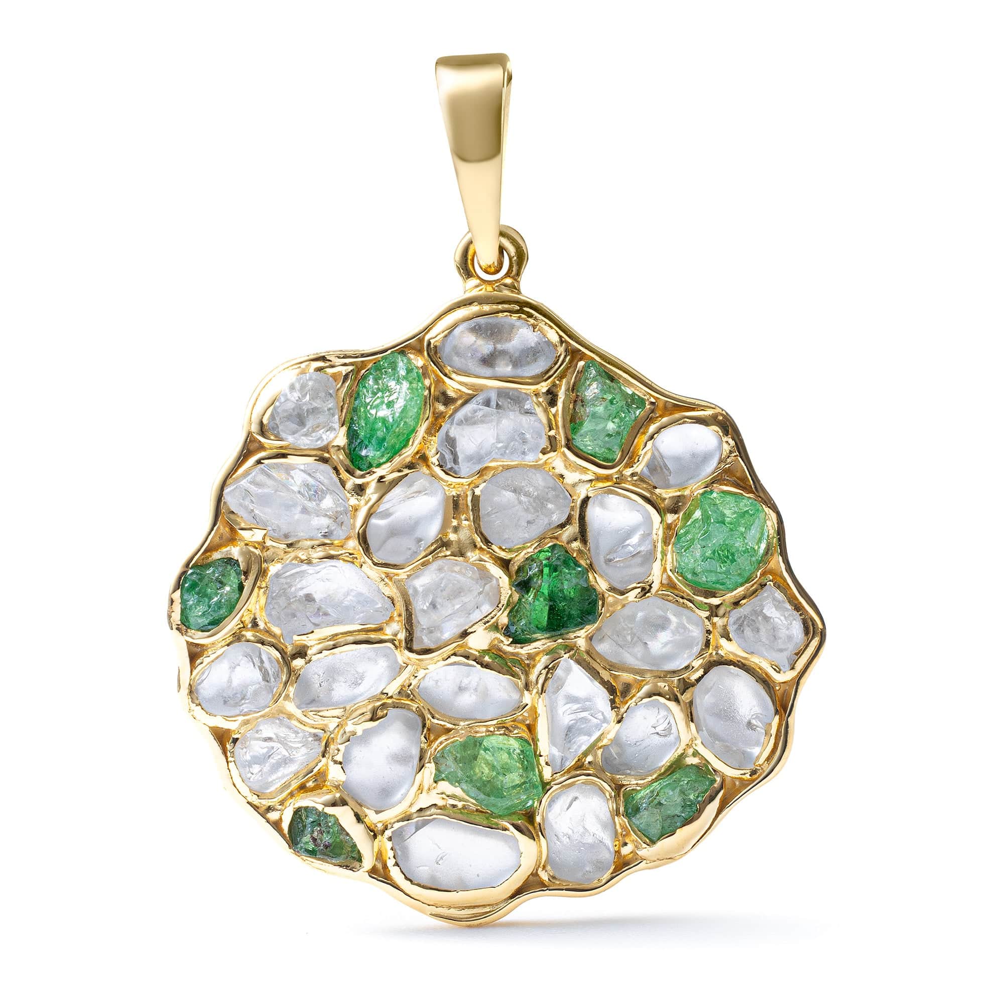 Saori Handcrafted Disc Pendant in Gold Plated Silver with Raw White Zircon & Tsavorite