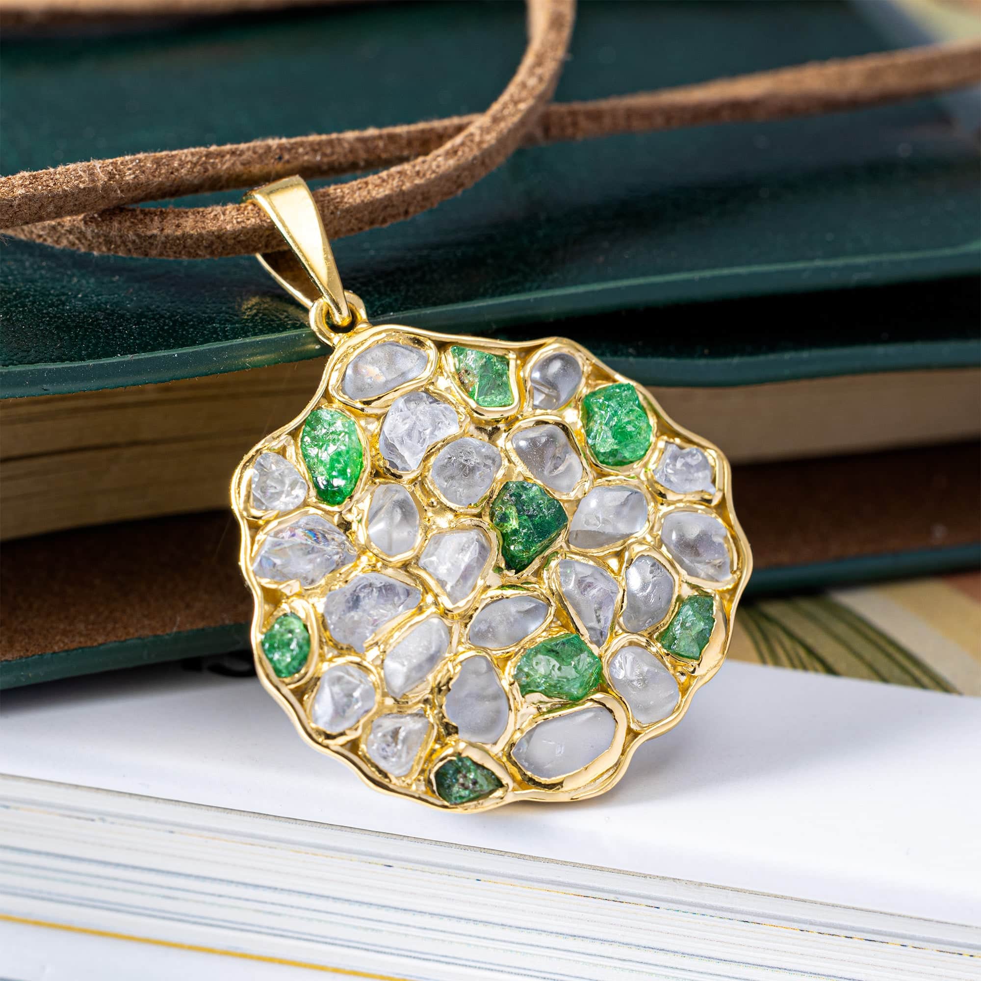 Saori Handcrafted Disc Pendant in Gold Plated Silver with Raw White Zircon & Tsavorite