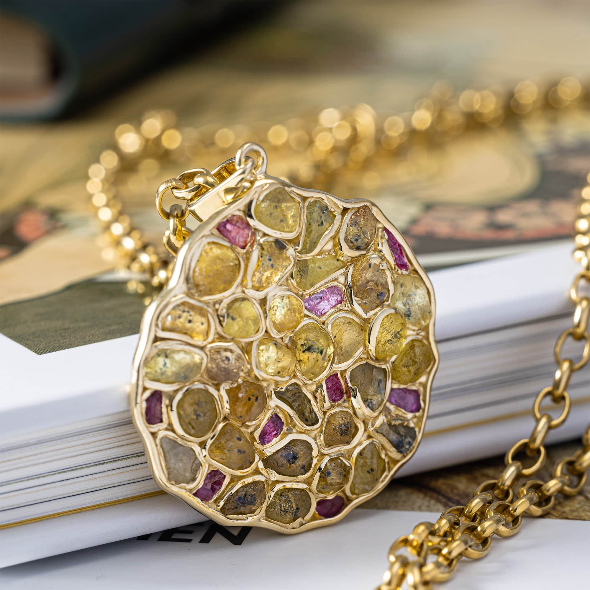 Saori Limited Edition Pendant in Gold Plated Silver with Raw Yellow Sapphire & Ruby