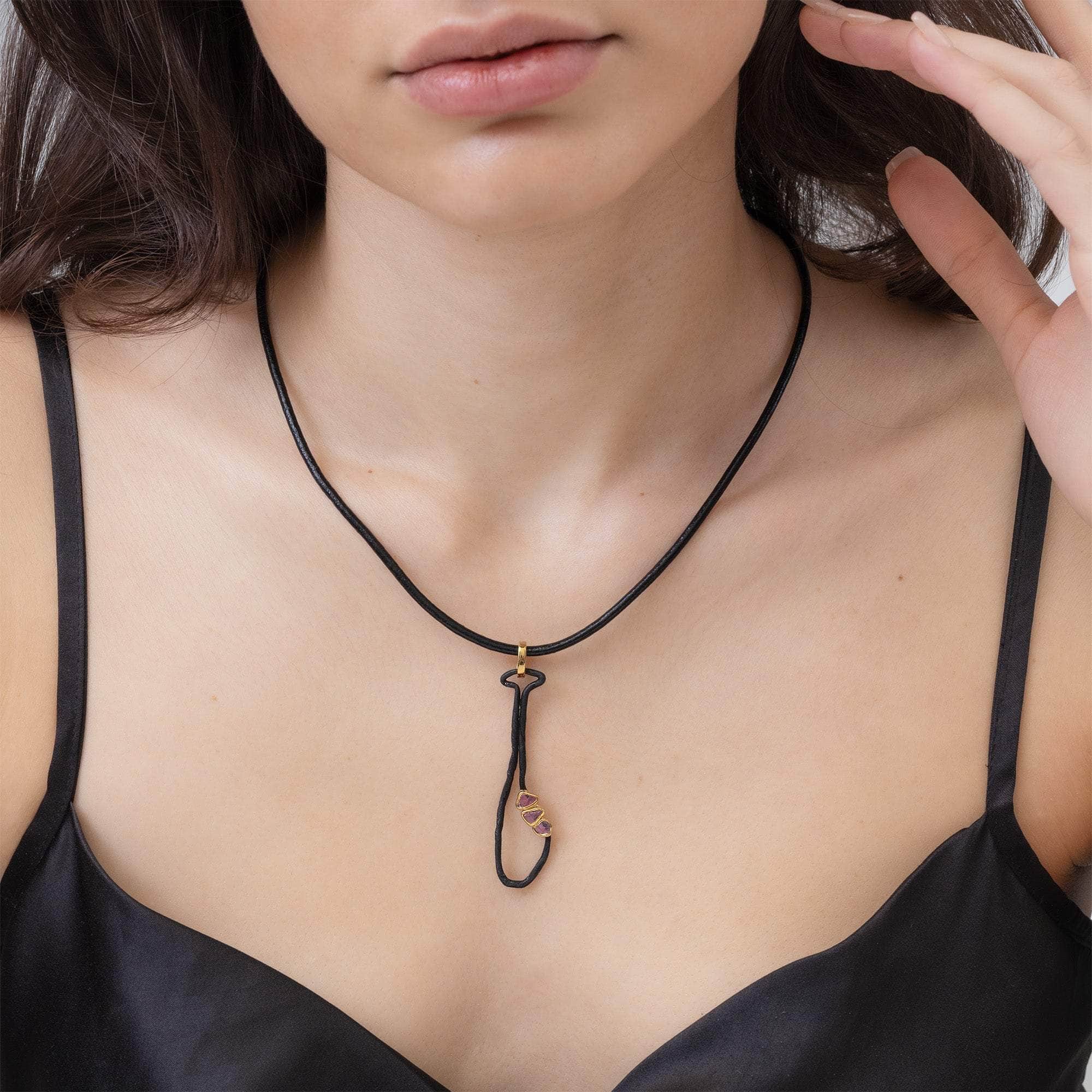 Pata Handmade Anthracite and Gold-Plated 925 Silver Pendant with Natural Rough Ruby