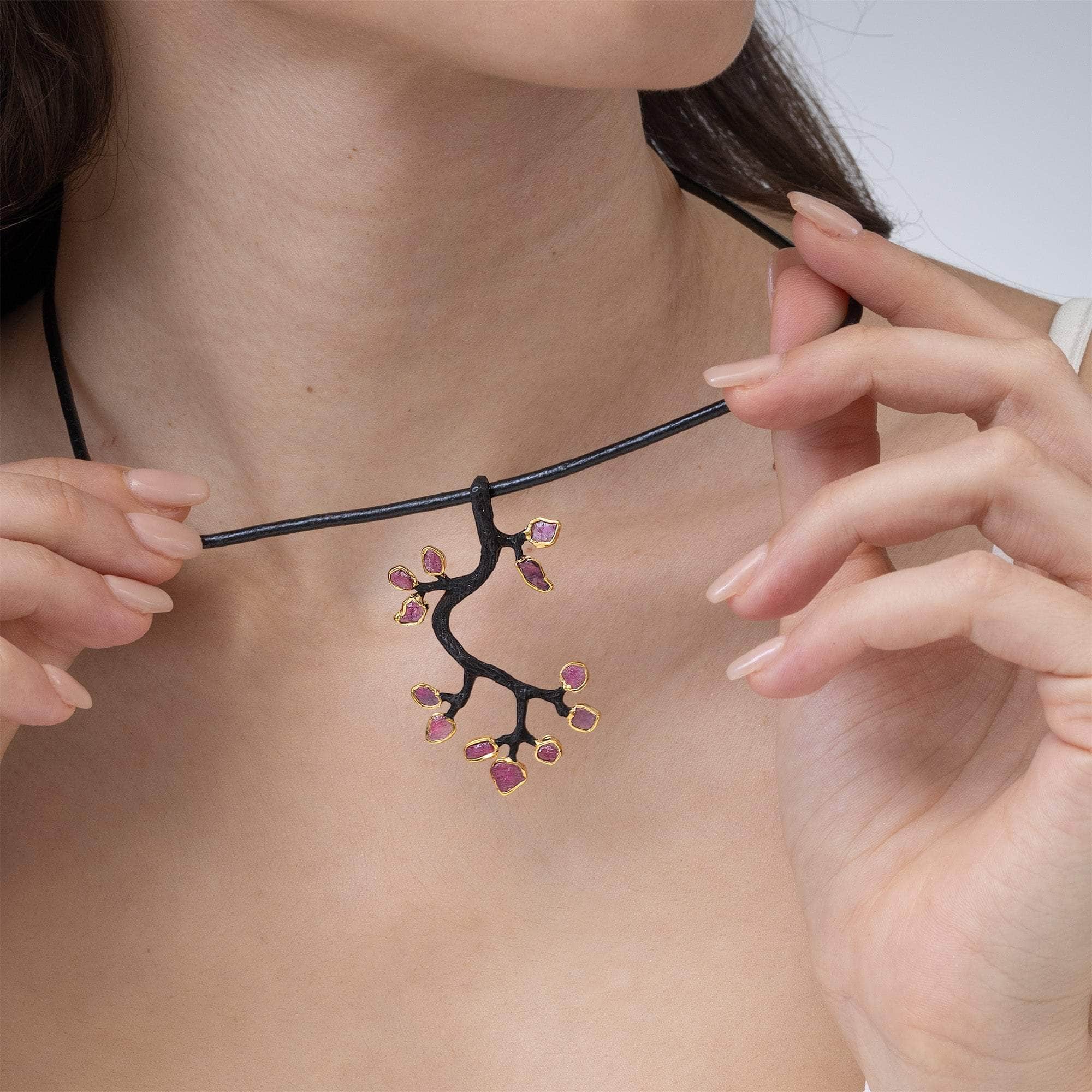 Akka Tree Branch Motif Natural Rough Ruby Pendant in 18K Gold & Anthracite-Plated Sterling Silver