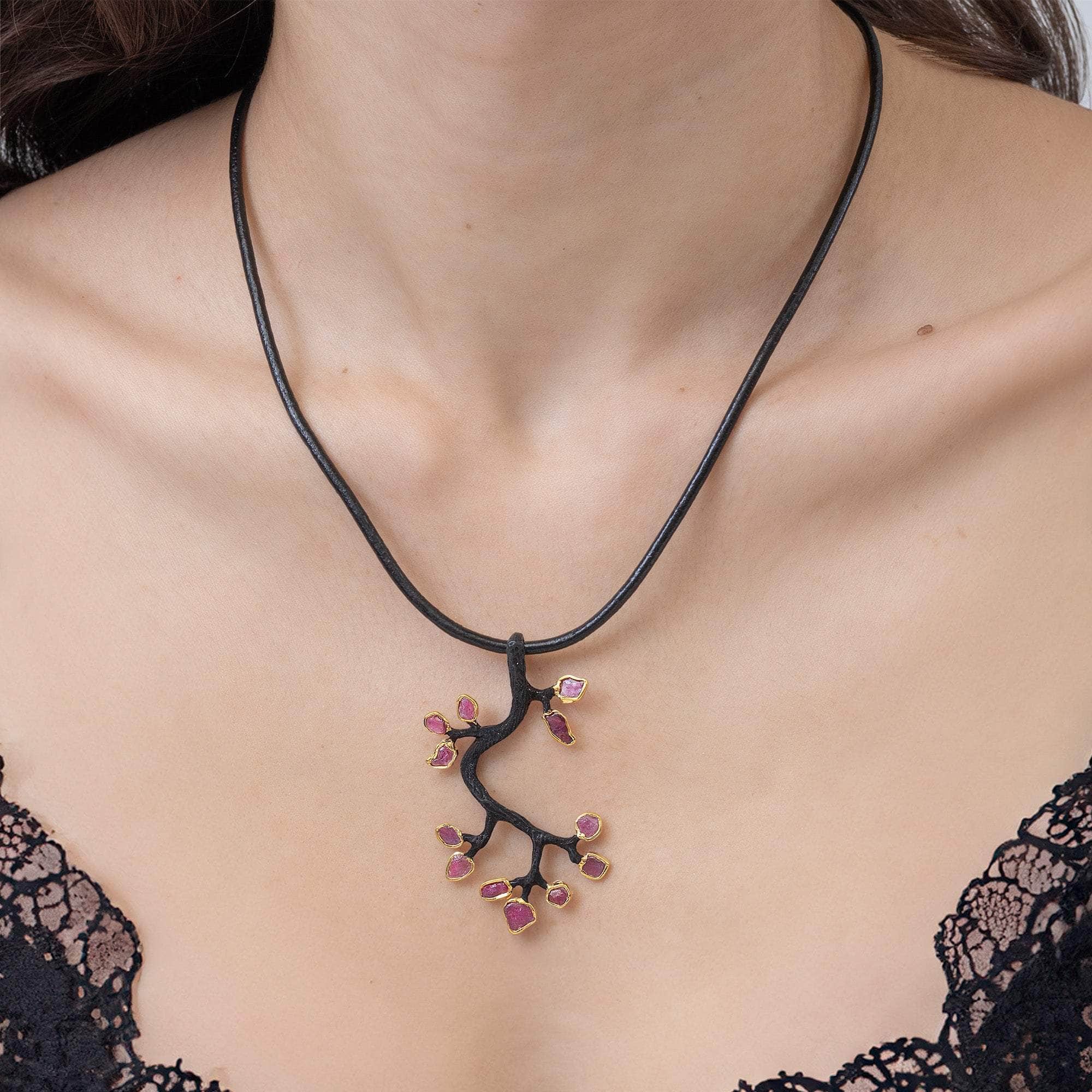 Akka Tree Branch Motif Natural Rough Ruby Pendant in 18K Gold & Anthracite-Plated Sterling Silver