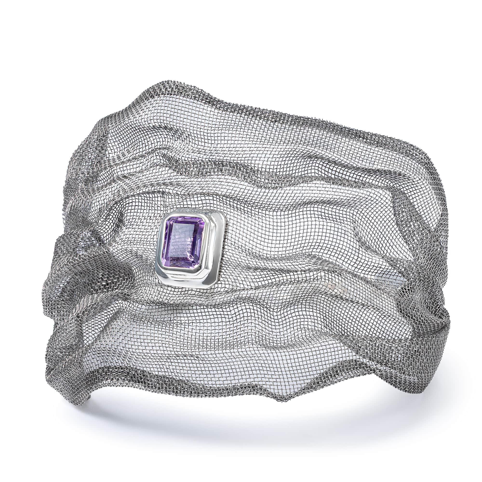 Kinui Limited Edition Silver & Titanium Mesh Bracelet with Natural Amethyst