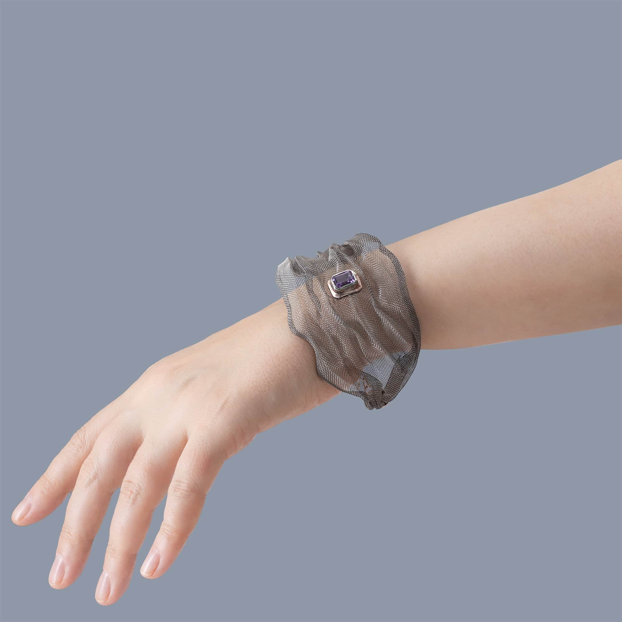 Kinui Limited Edition Silver & Titanium Mesh Bracelet with Natural Amethyst