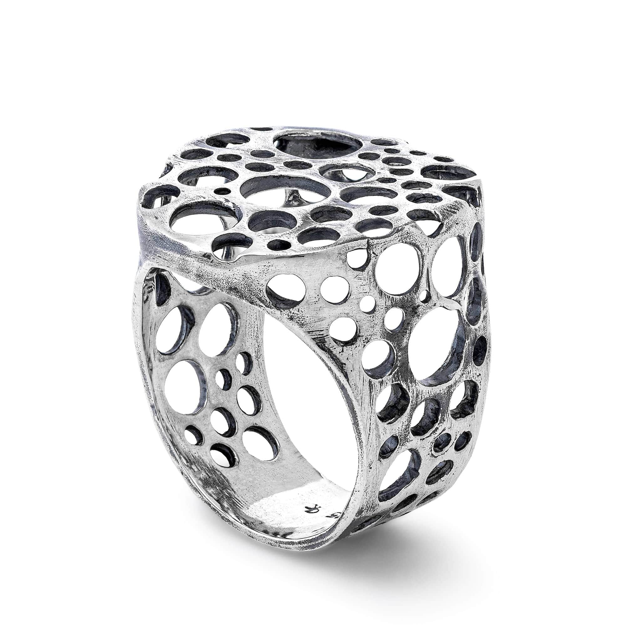 Hollow Oxidized Sterling Silver Ring with Organic Perforated Design
