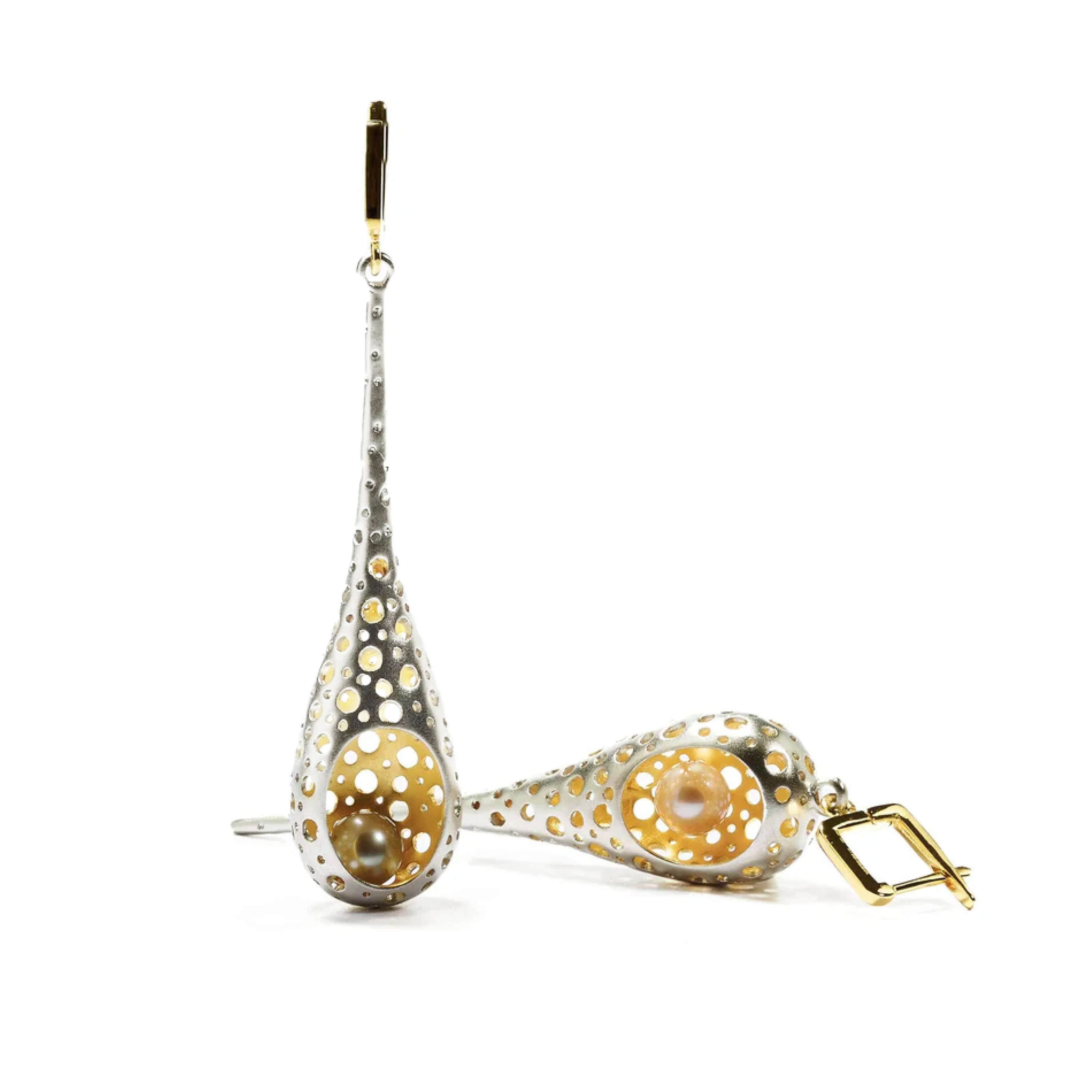Likka Modern Asymmetric Design Cultured Pearl Earrings in White Rhodium & Gold-Plated 925 Silver