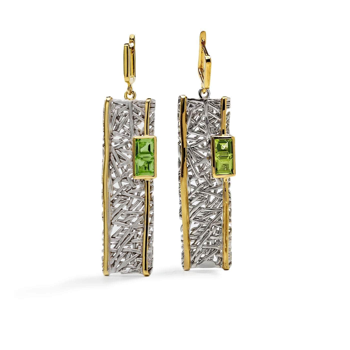 Verina Textured Silver Long Symmetric Earrings with Peridot
