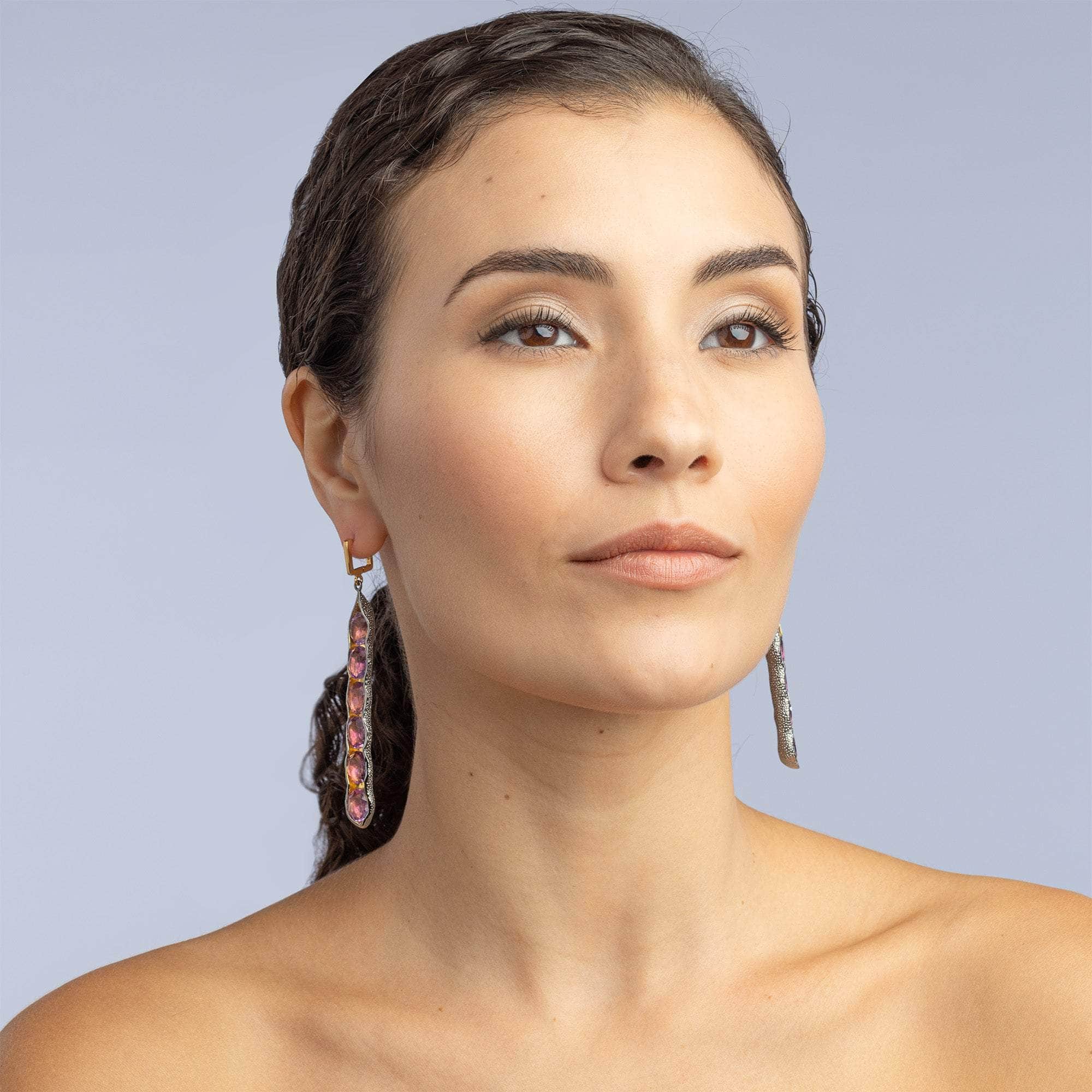 Chimey Asymmetric Natural Amethyst Earrings in 18K Gold & Black Rhodium-Plated Silver