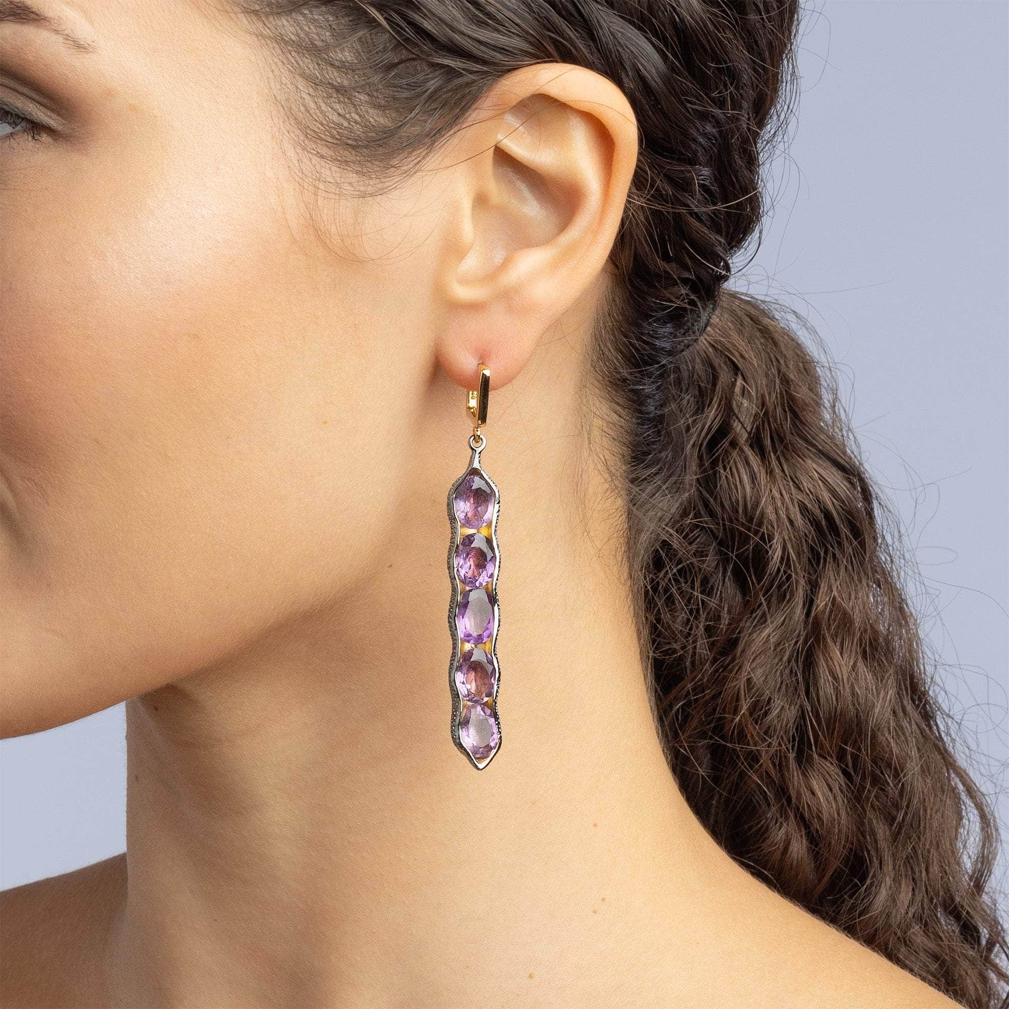 Chimey Asymmetric Natural Amethyst Earrings in 18K Gold & Black Rhodium-Plated Silver
