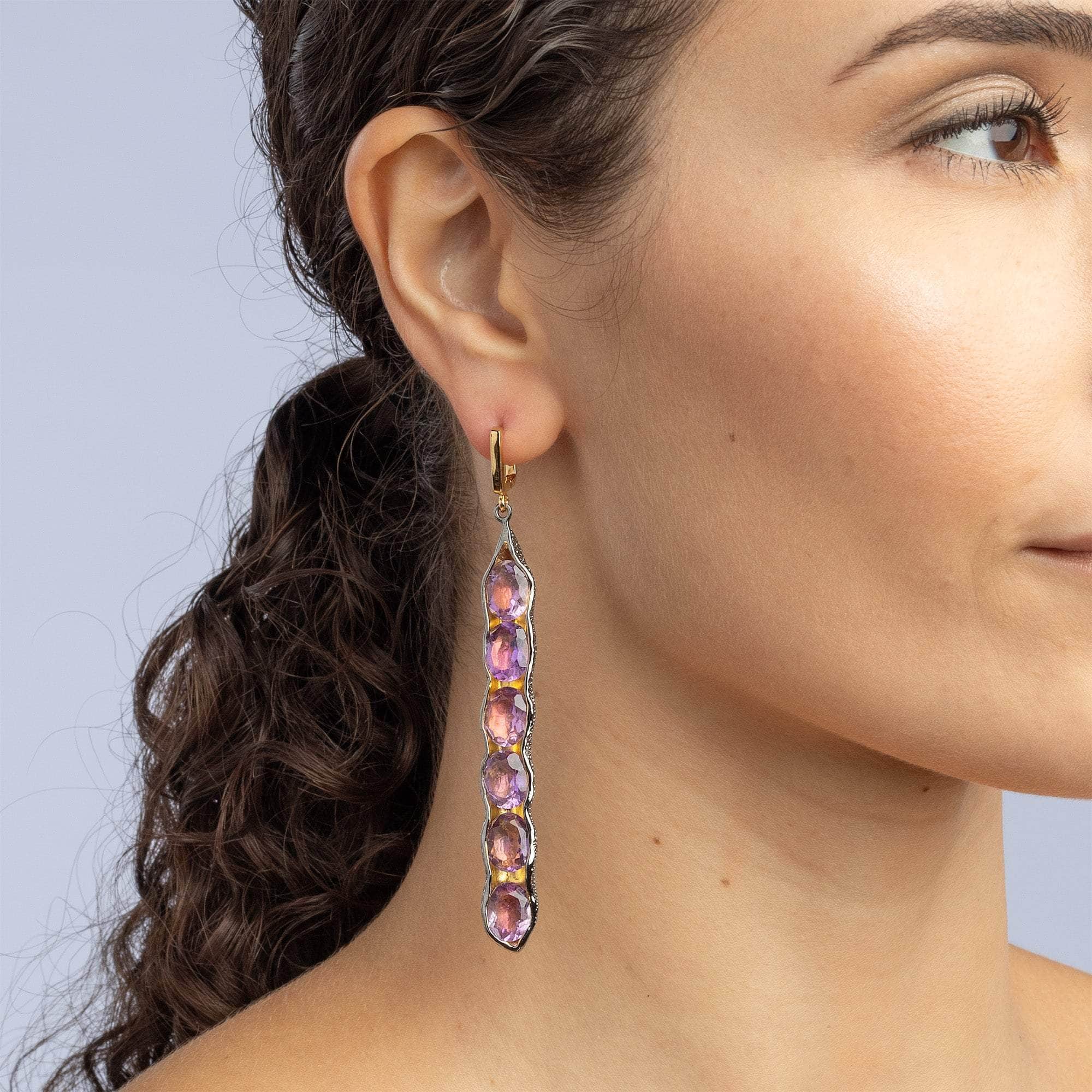 Chimey Asymmetric Natural Amethyst Earrings in 18K Gold & Black Rhodium-Plated Silver