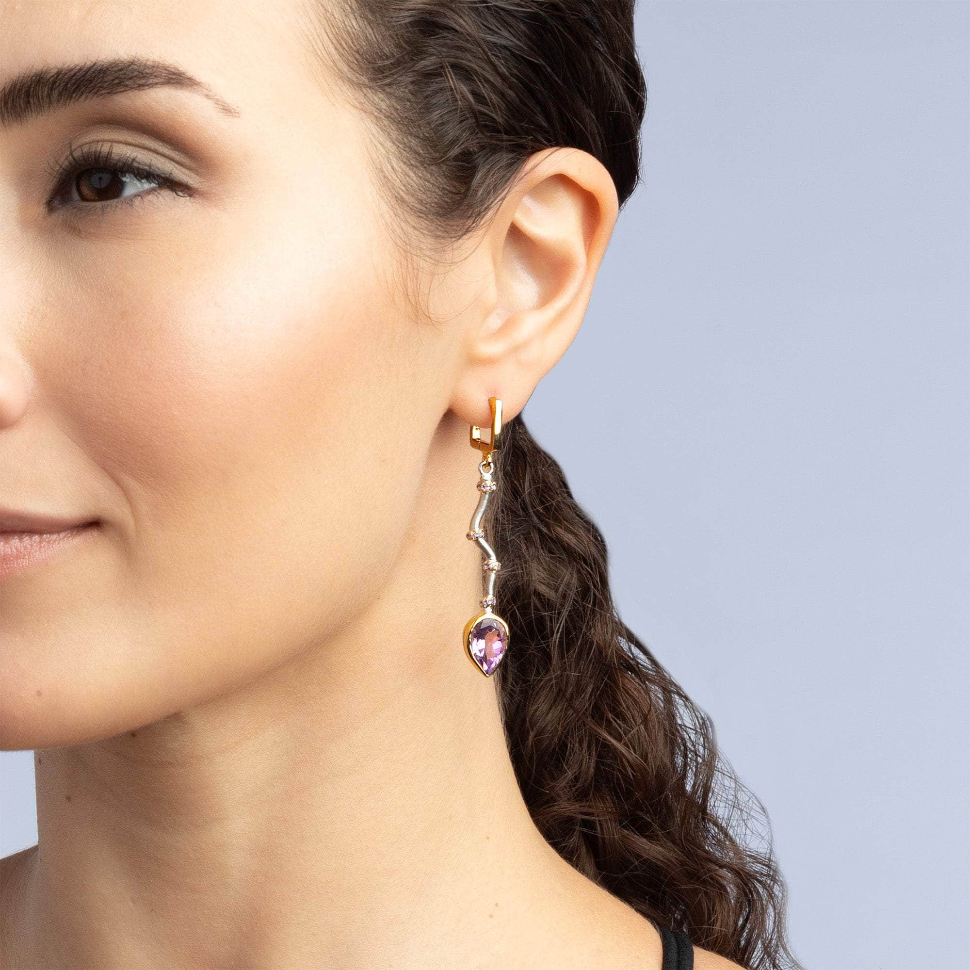 Osmotar Modern Asymmetric Earrings with Natural Amethyst in 925 Sterling Silver (White Rhodium & Gold-Plated)