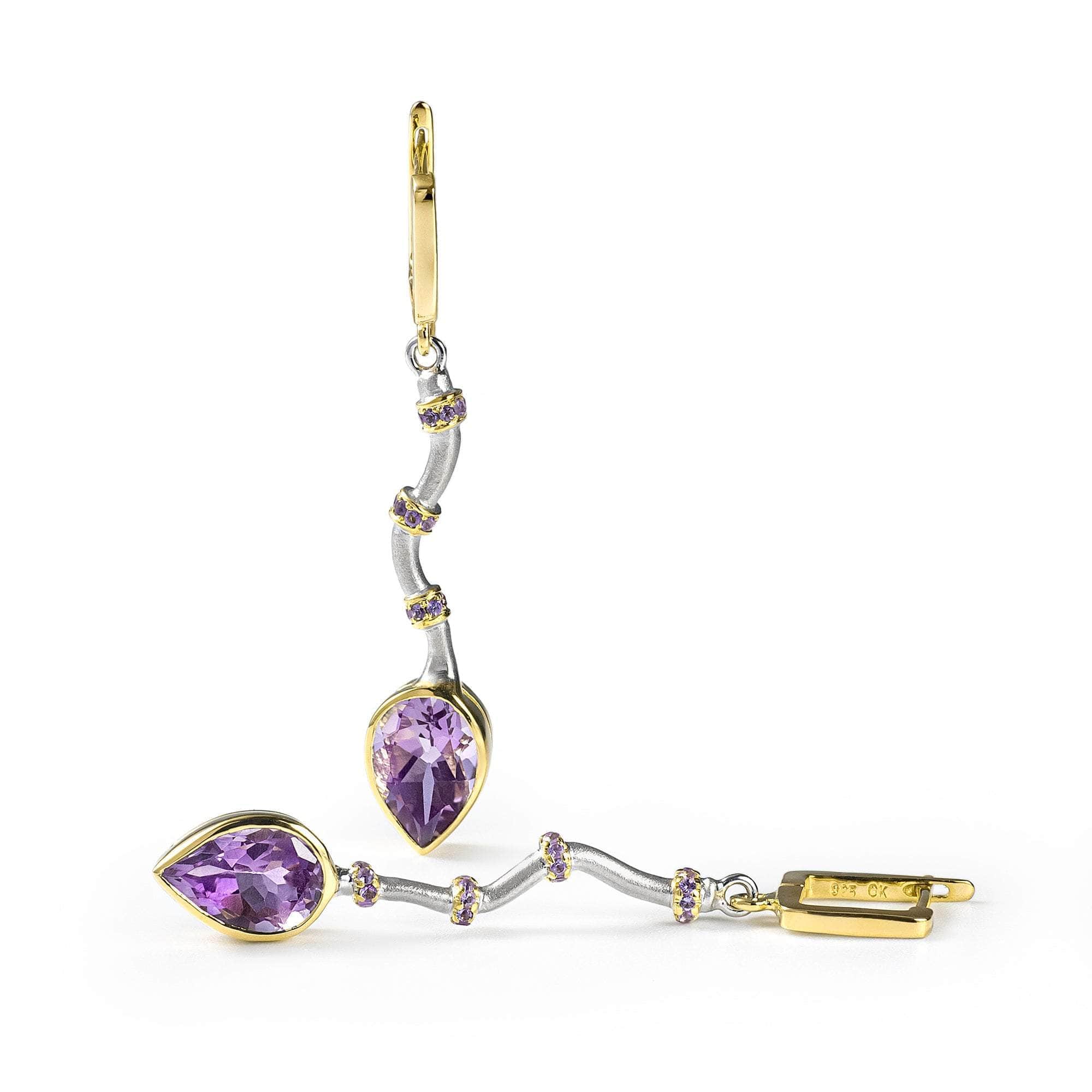 Osmotar Modern Asymmetric Earrings with Natural Amethyst in 925 Sterling Silver (White Rhodium & Gold-Plated)