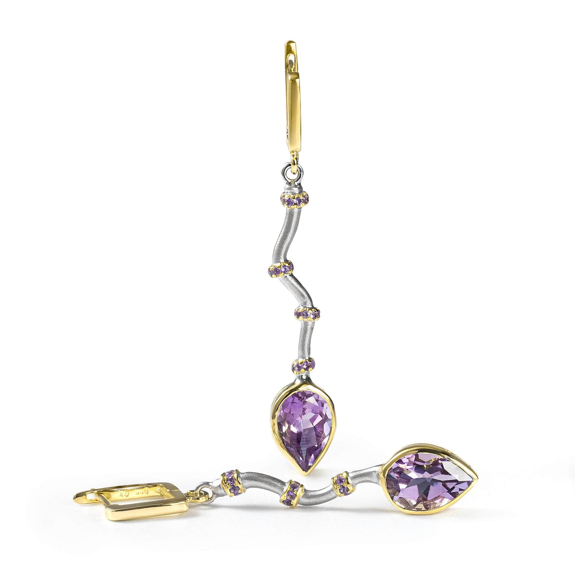 Osmotar Modern Asymmetric Earrings with Natural Amethyst in 925 Sterling Silver (White Rhodium & Gold-Plated)