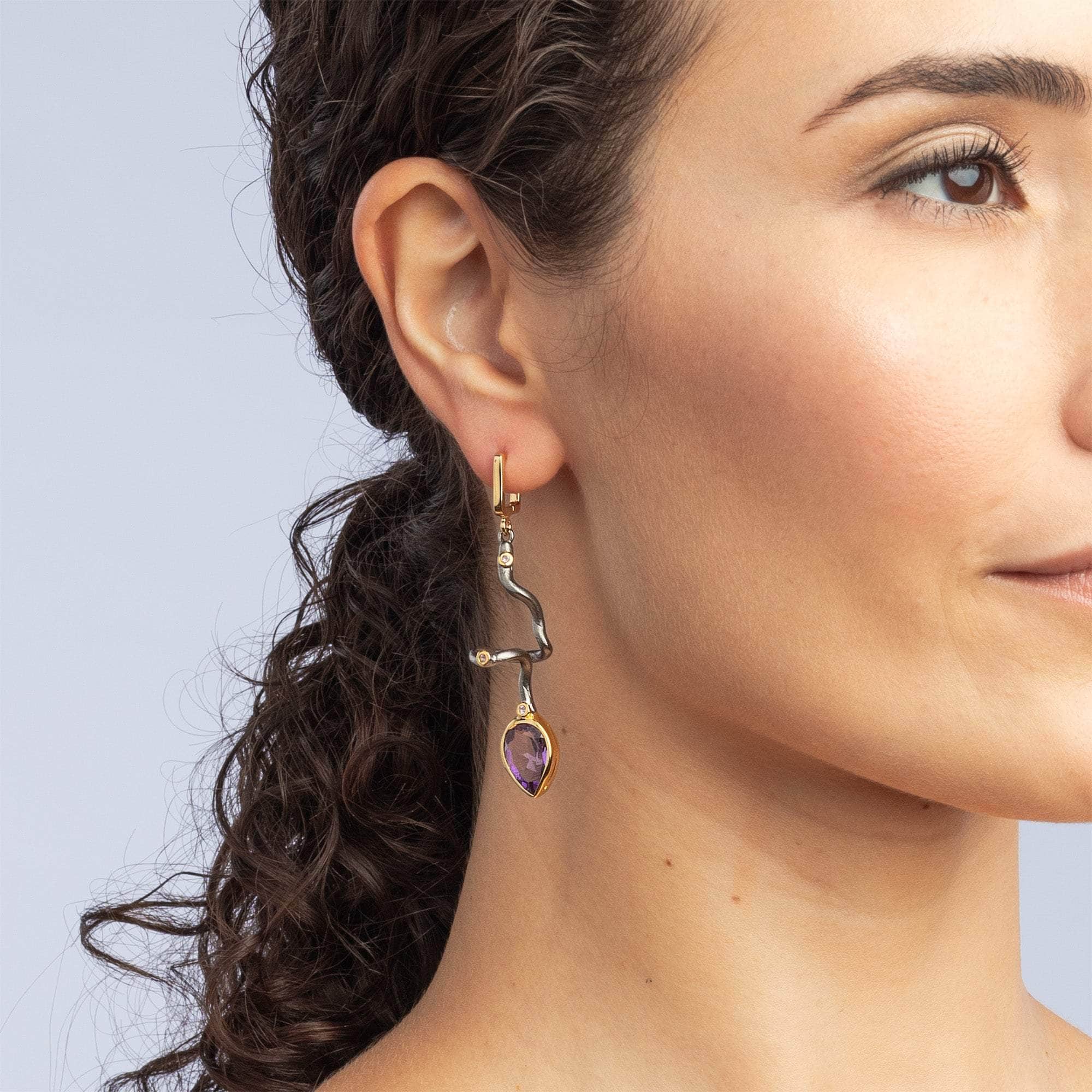 Unku Modern Asymmetric Design Amethyst Earrings in 925 Sterling Silver (Black Rhodium & Gold-Plated)