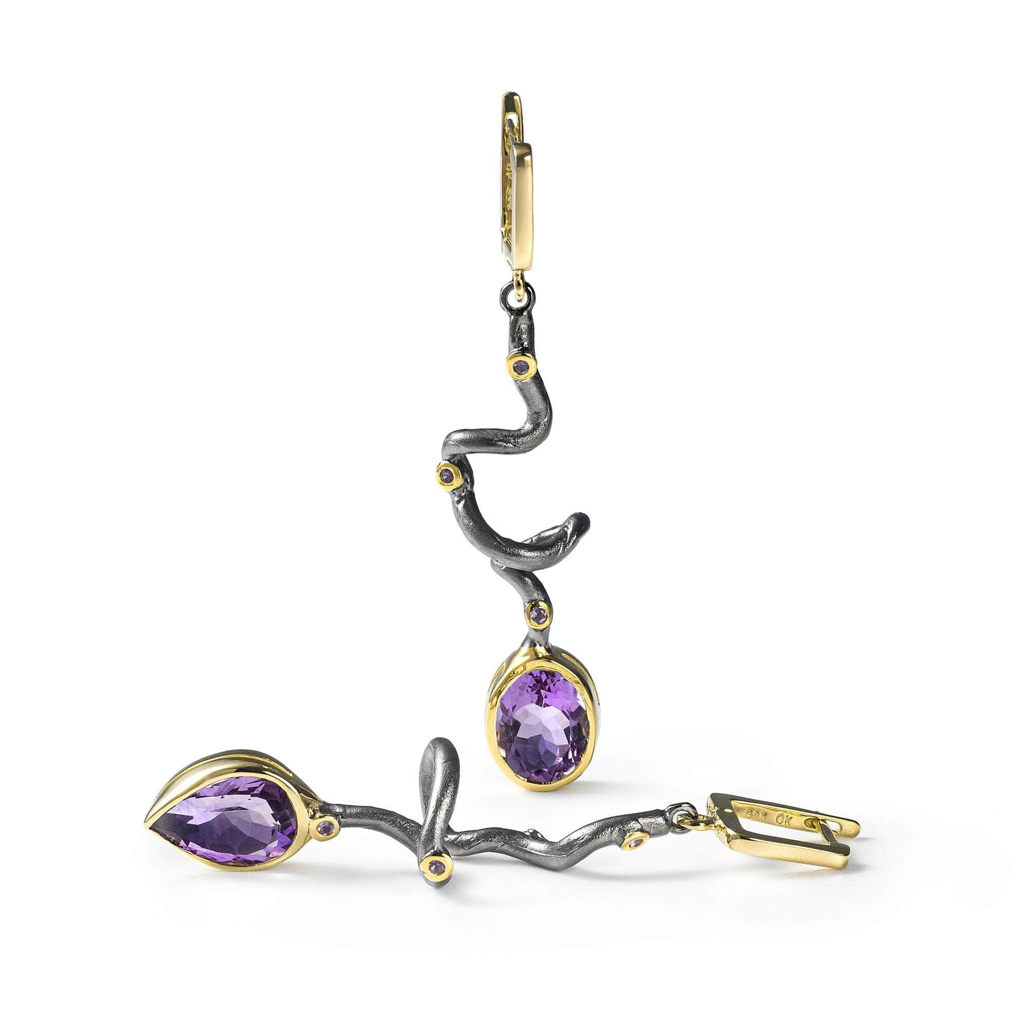 Unku Modern Asymmetric Design Amethyst Earrings in 925 Sterling Silver (Black Rhodium & Gold-Plated)