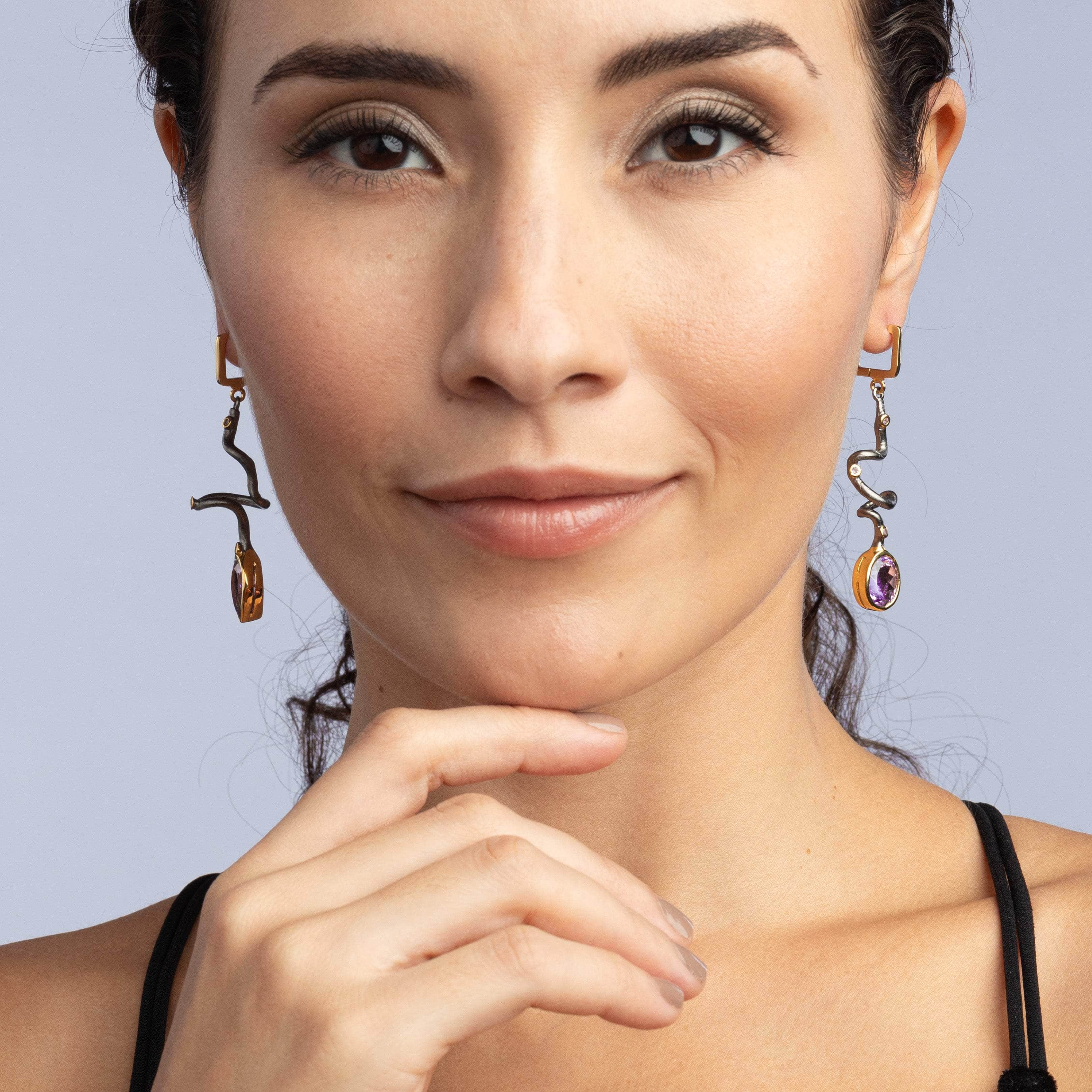 Unku Modern Asymmetric Design Amethyst Earrings in 925 Sterling Silver (Black Rhodium & Gold-Plated)
