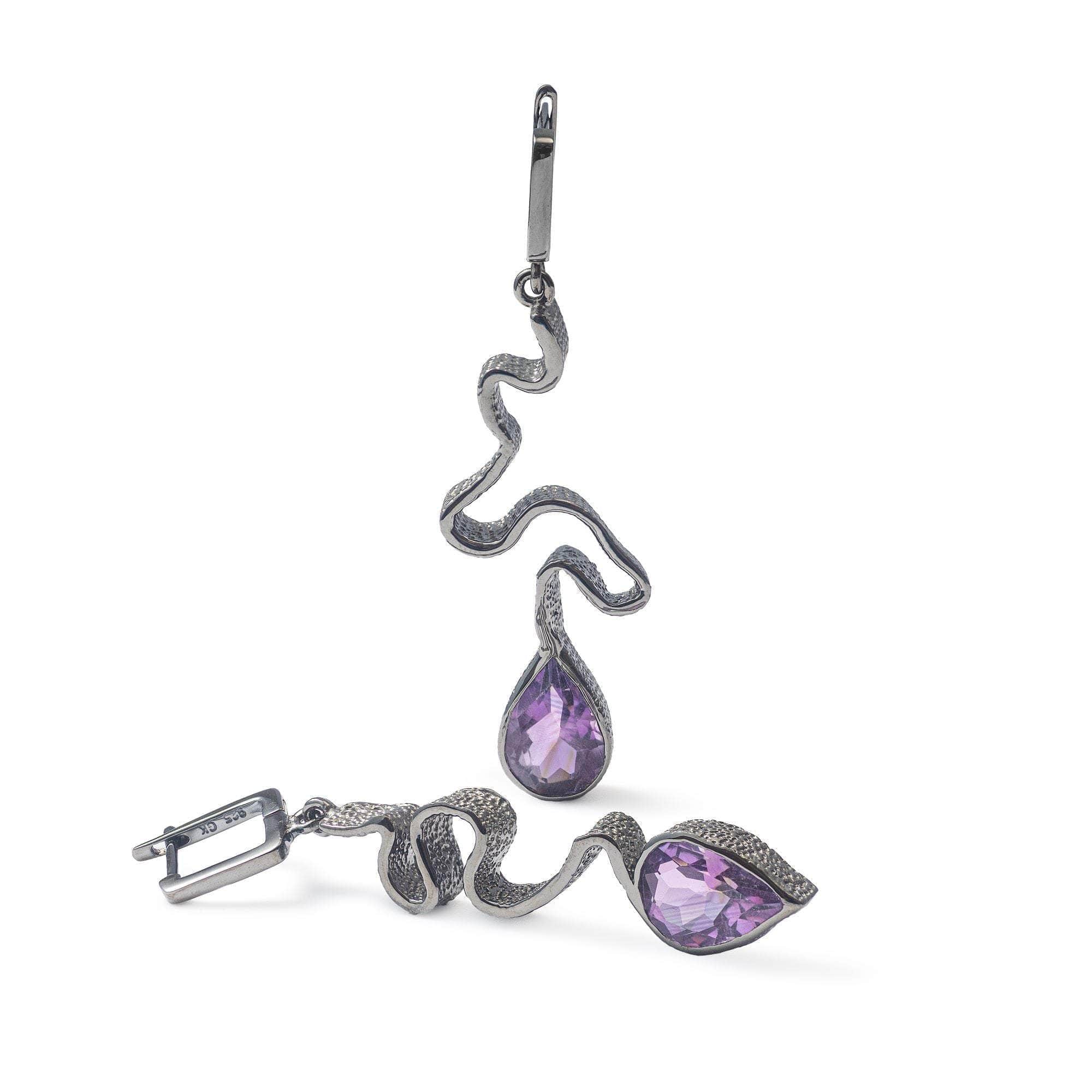 Roones Asymmetric Black Rhodium-Plated Silver Earrings with Natural Pear-cut Amethyst