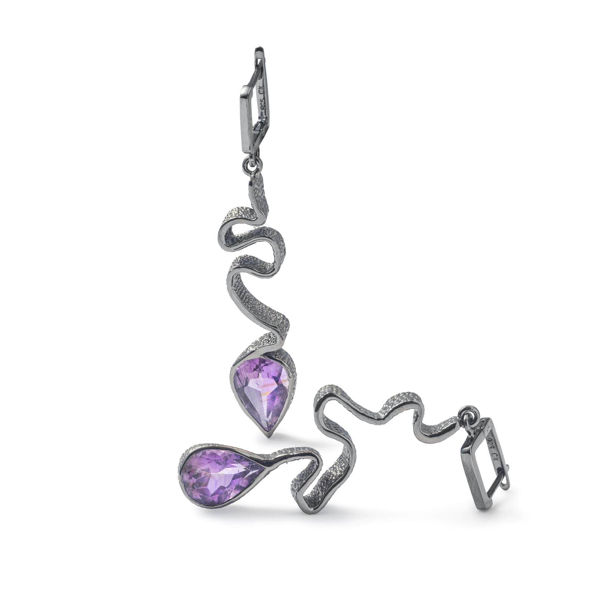 Roones Asymmetric Black Rhodium-Plated Silver Earrings with Natural Pear-cut Amethyst