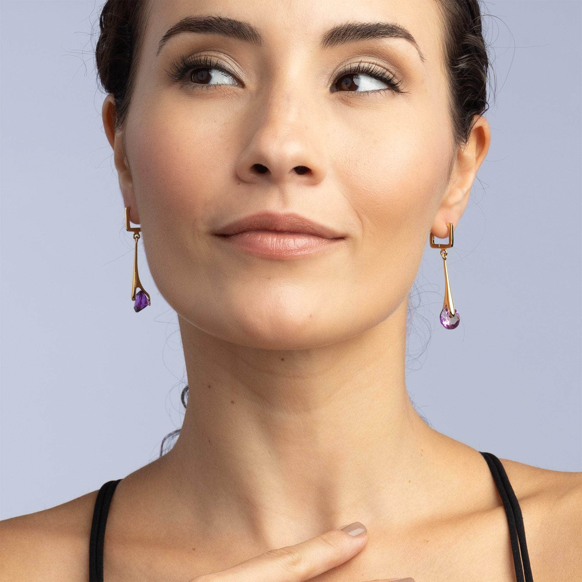 Varuni Iconic Design Gold-Plated Silver Earrings with Natural Amethyst