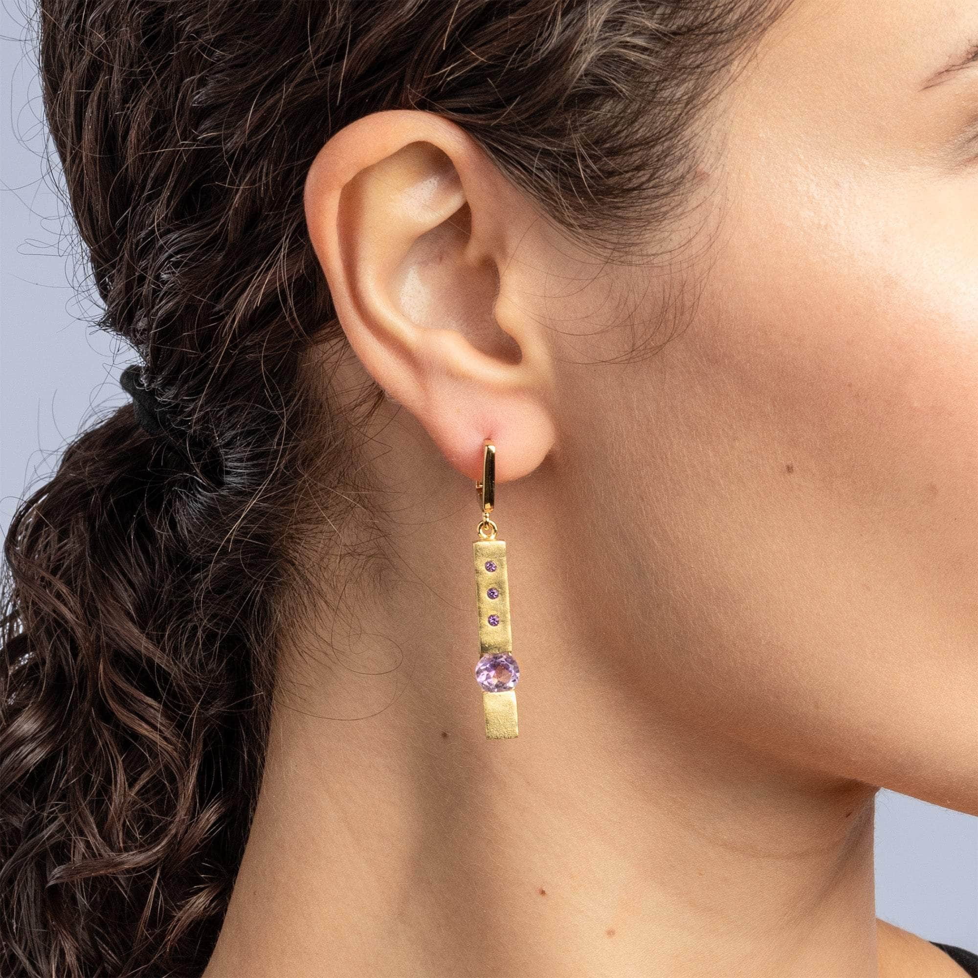 Meduna Asymmetric Modern Silver Earrings with Natural Amethyst