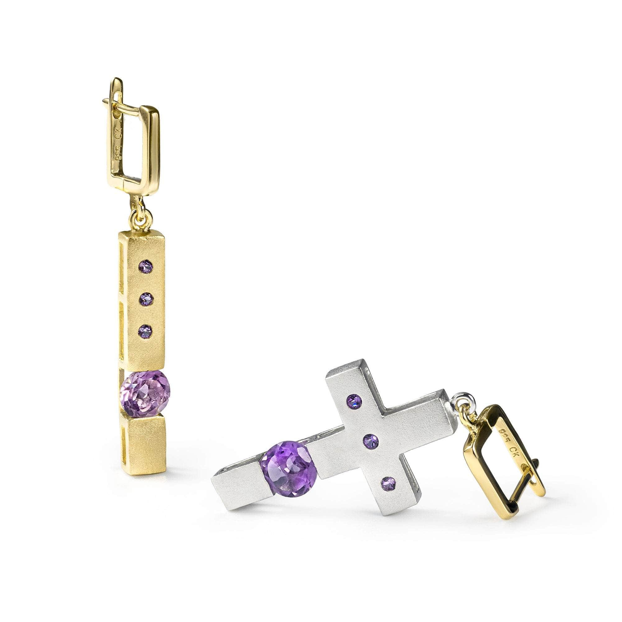 Meduna Asymmetric Modern Silver Earrings with Natural Amethyst