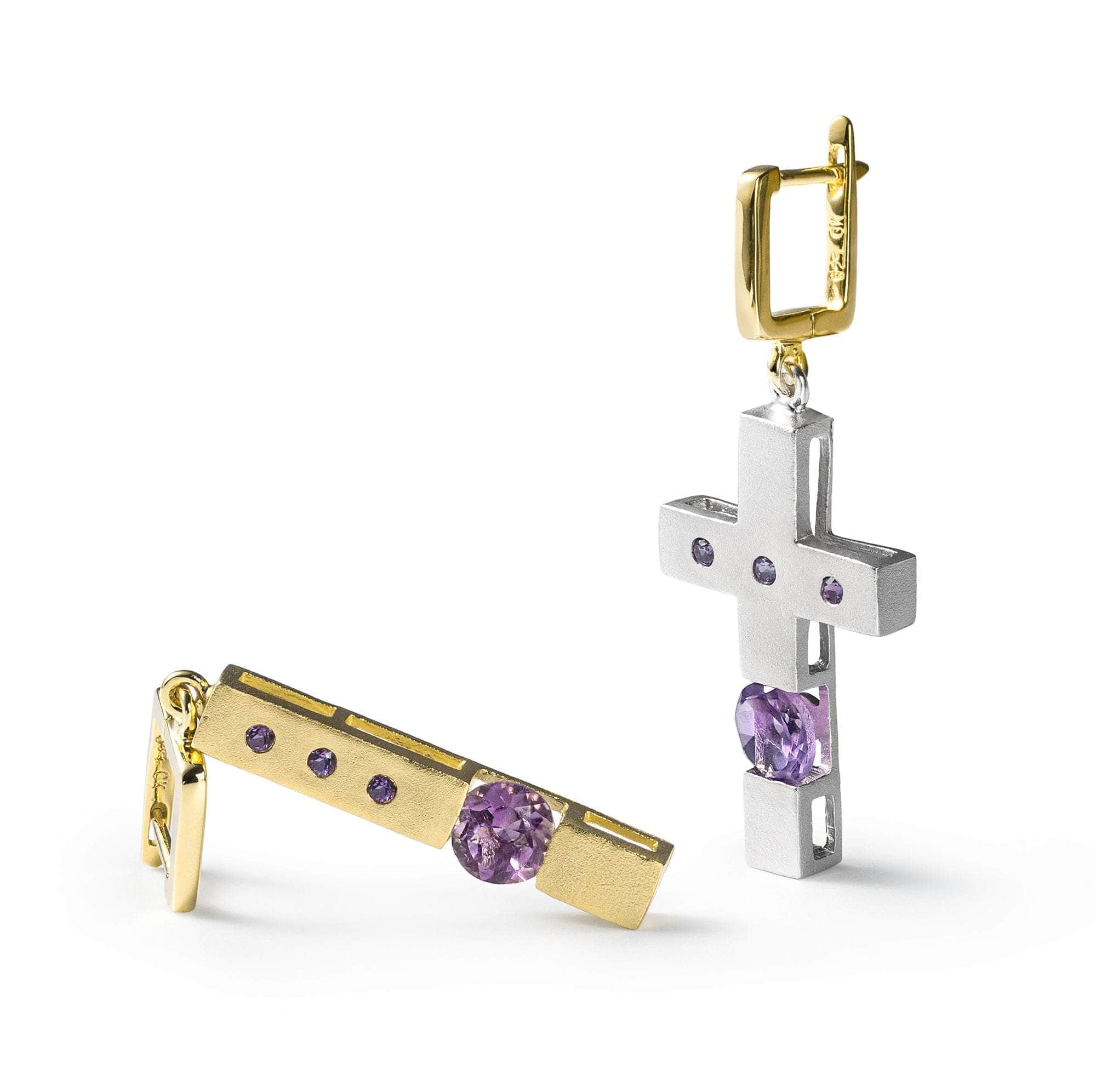 Meduna Asymmetric Modern Silver Earrings with Natural Amethyst