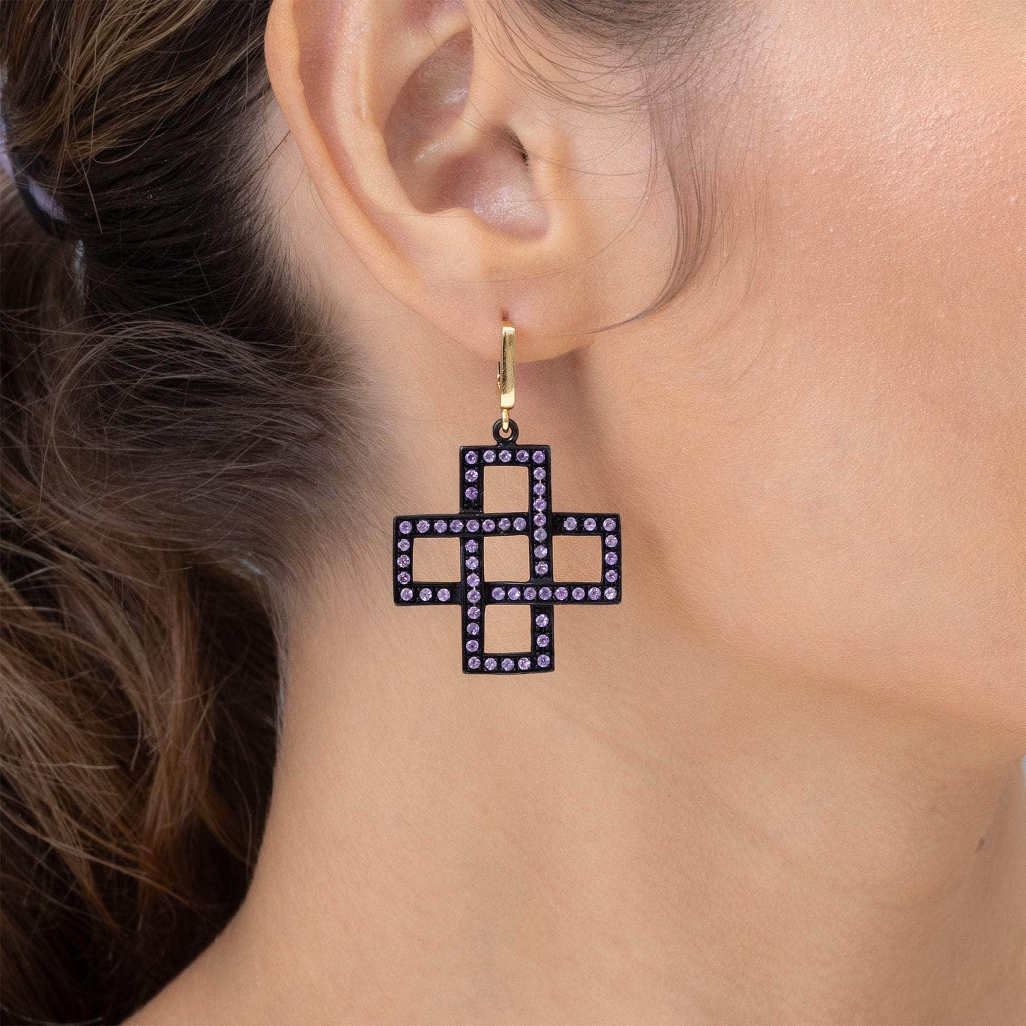 Khepri Asymmetric Natural Spinel and Amethyst Designer Earrings in 925 Sterling Silver