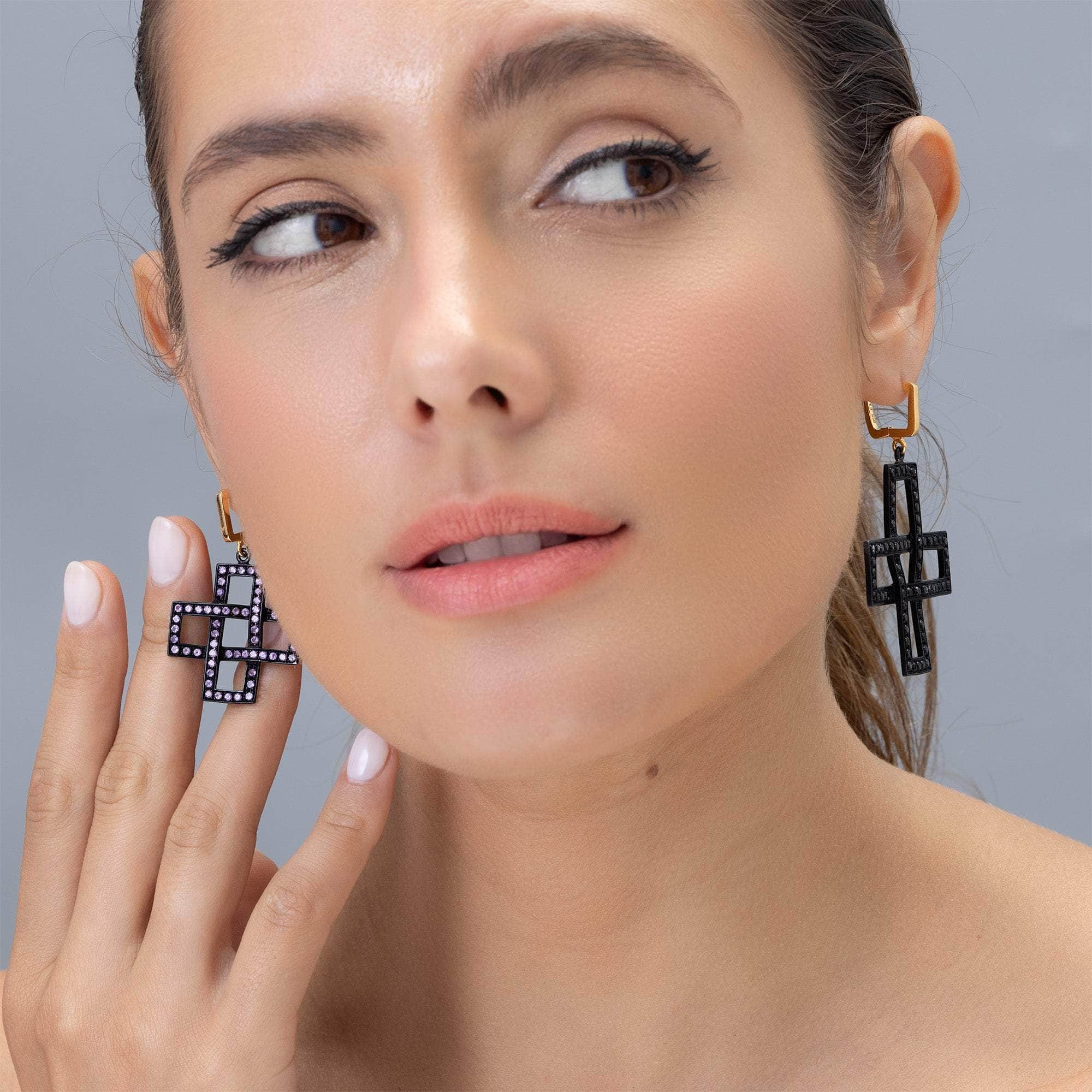 Khepri Asymmetric Natural Spinel and Amethyst Designer Earrings in 925 Sterling Silver