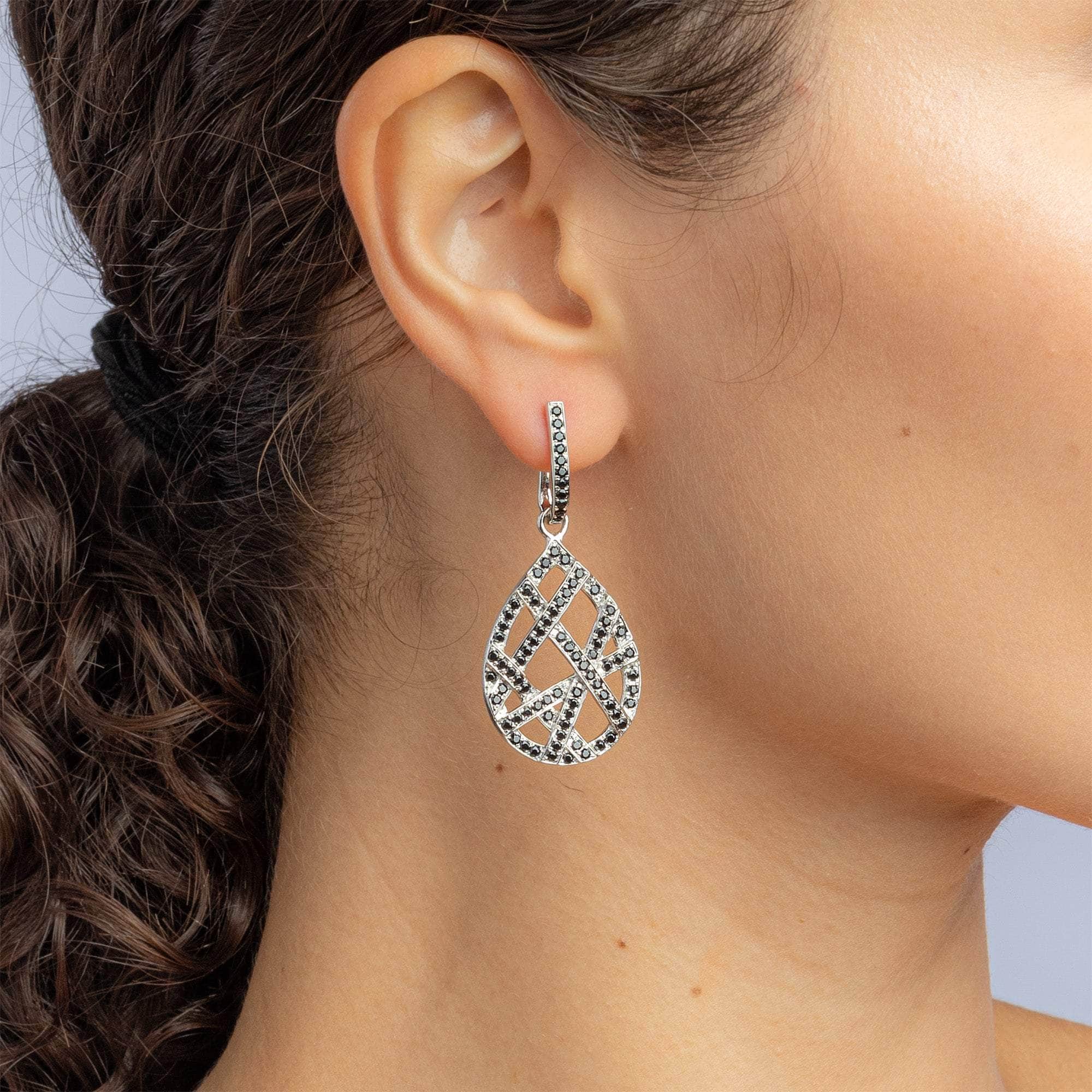 Diafora White Topaz & Black Spinel Dangle Earrings in 925 Sterling Silver