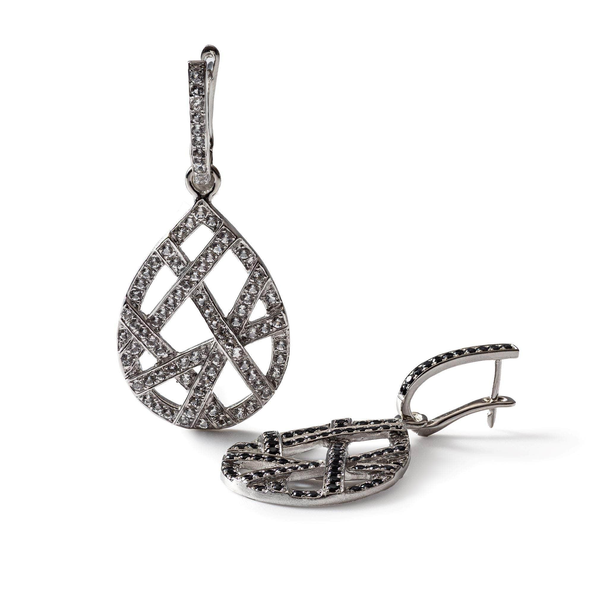 Diafora White Topaz & Black Spinel Dangle Earrings in 925 Sterling Silver