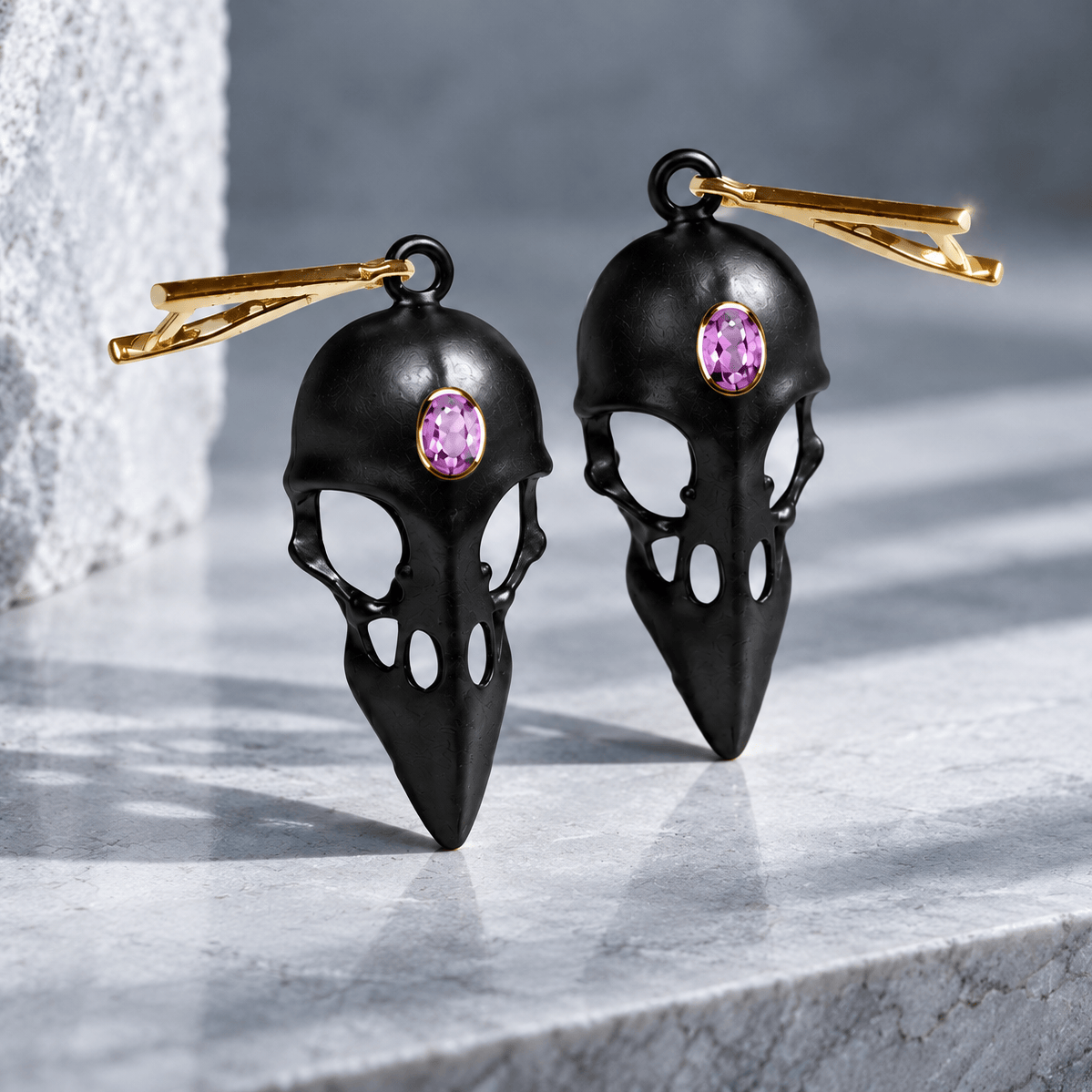 Calvina Skull Motif 925 Silver Earrings with Natural Amethyst (Anthracite & Gold-Plated) - Symmetric (M)