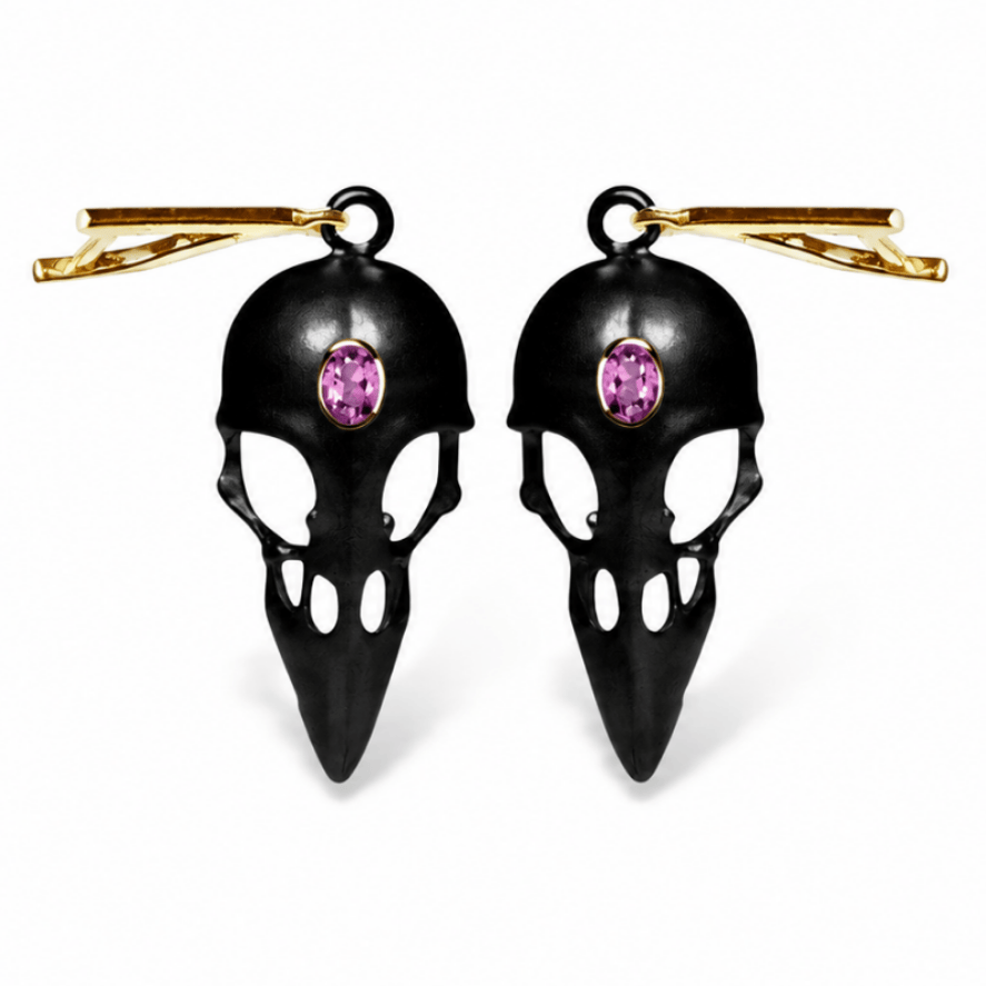 Calvina Skull Motif 925 Silver Earrings with Natural Amethyst (Anthracite & Gold-Plated) - Symmetric (M)