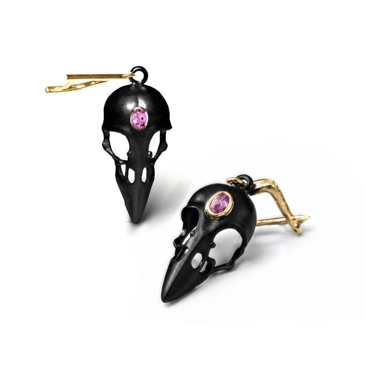 Calvina Skull Motif 925 Silver Earrings with Natural Amethyst (Anthracite & Gold-Plated) - Symmetric (M)