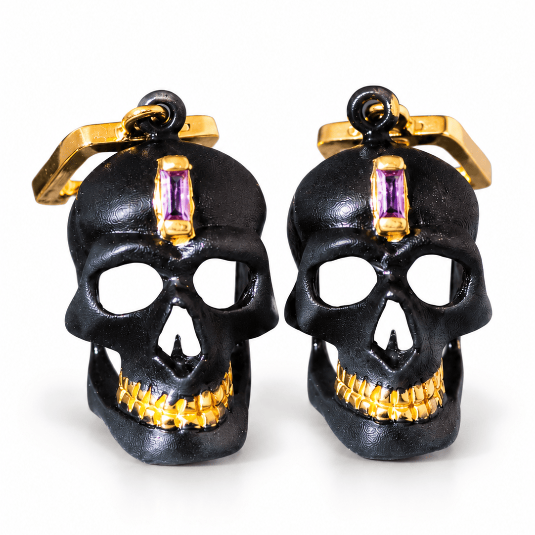 Calvina Skull Motif 925 Silver Earrings with Natural Amethyst (Anthracite & Gold-Plated) - Symmetric (S)
