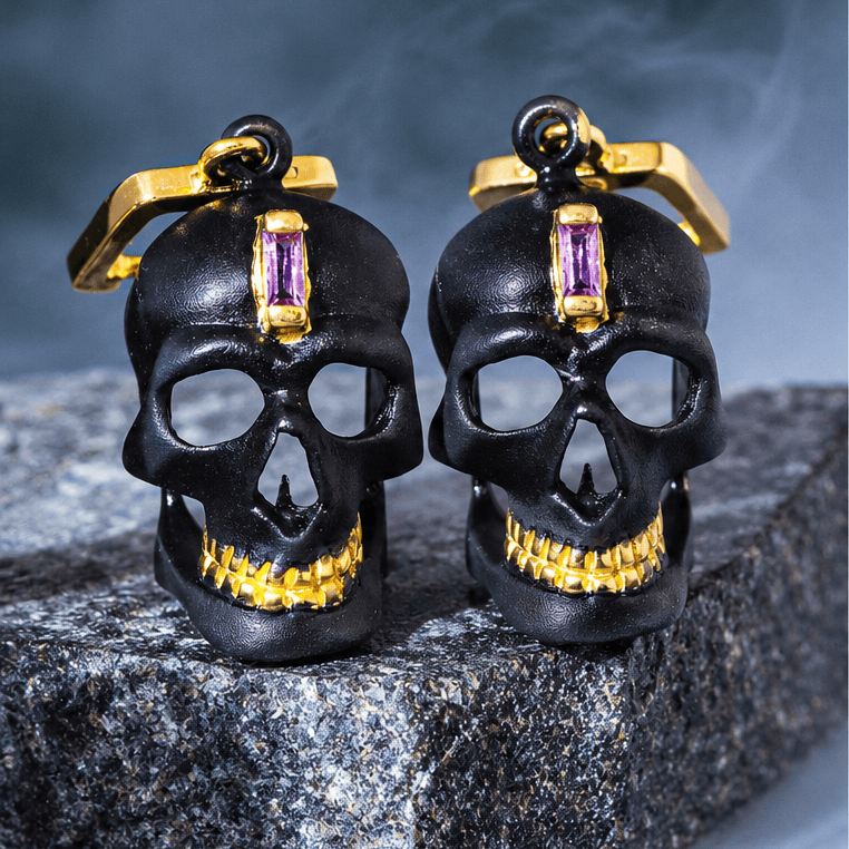 Calvina Skull Motif 925 Silver Earrings with Natural Amethyst (Anthracite & Gold-Plated) - Symmetric (S)
