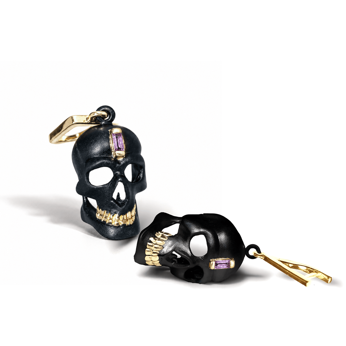 Calvina Skull Motif 925 Silver Earrings with Natural Amethyst (Anthracite & Gold-Plated) - Symmetric (S)