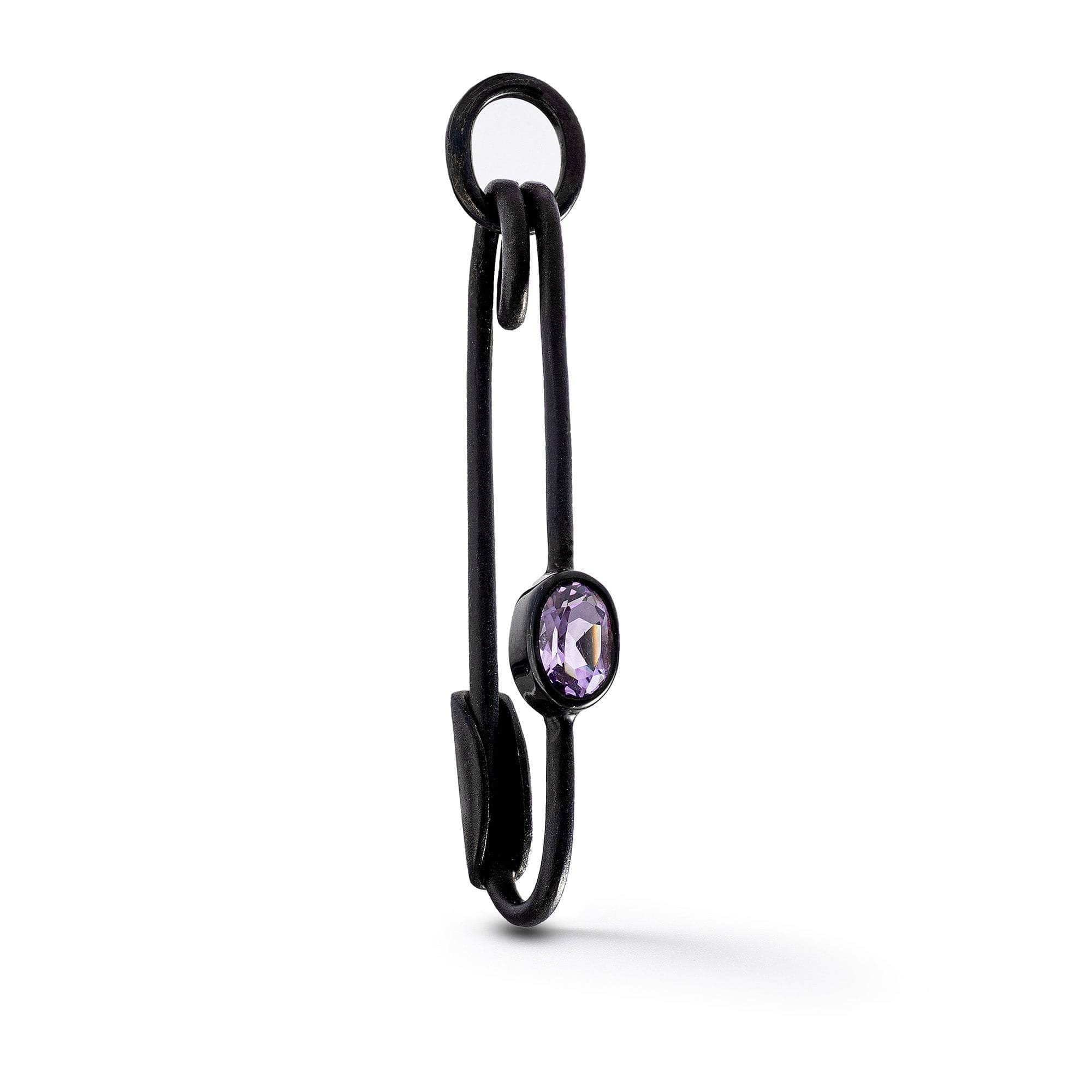 Khara Safety Pin Design Unisex Silver Pendant with Natural Oval-Cut Amethyst (Black Anthracite)