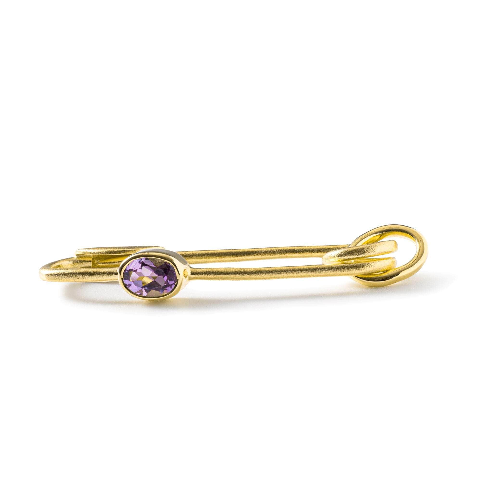 Khara Safety Pin Design 925 Sterling Silver Pendant with Natural Oval-Cut Amethyst (Gold-Plated)