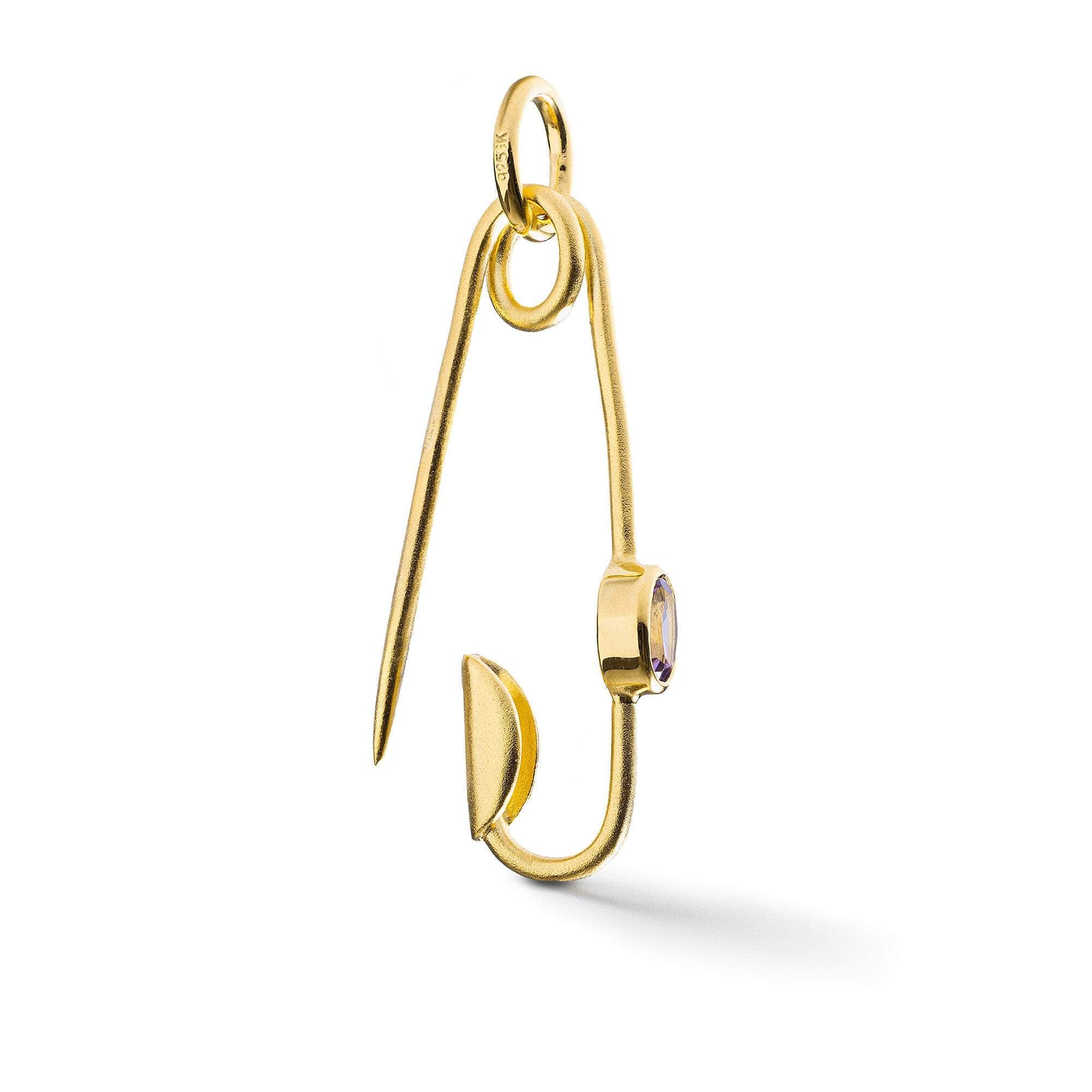Khara Safety Pin Design 925 Sterling Silver Pendant with Natural Oval-Cut Amethyst (Gold-Plated)