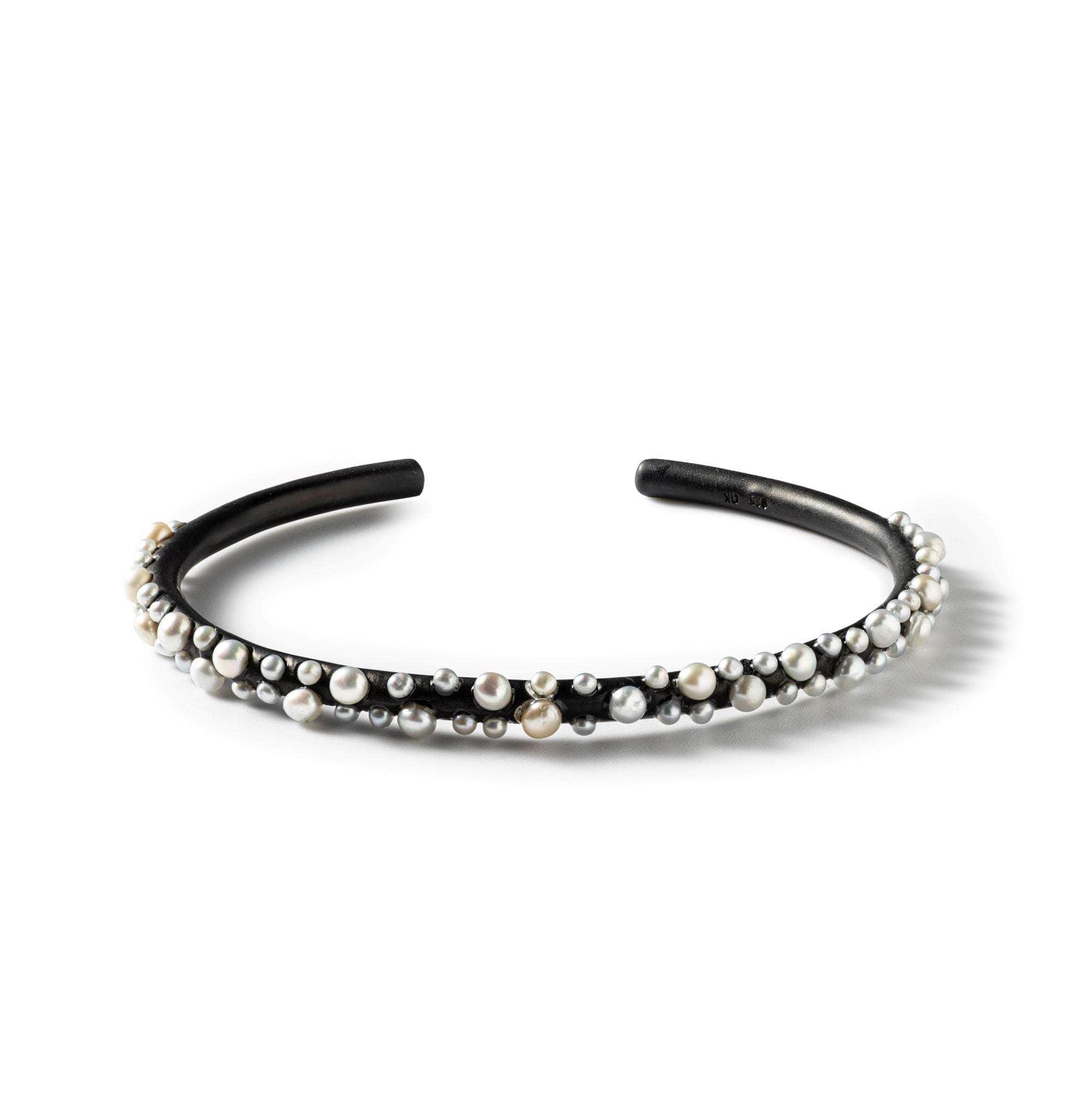 Vele Iconic High Contrast 925 Silver Bangle with Cultured Micro Pearls (Black Anthracite)