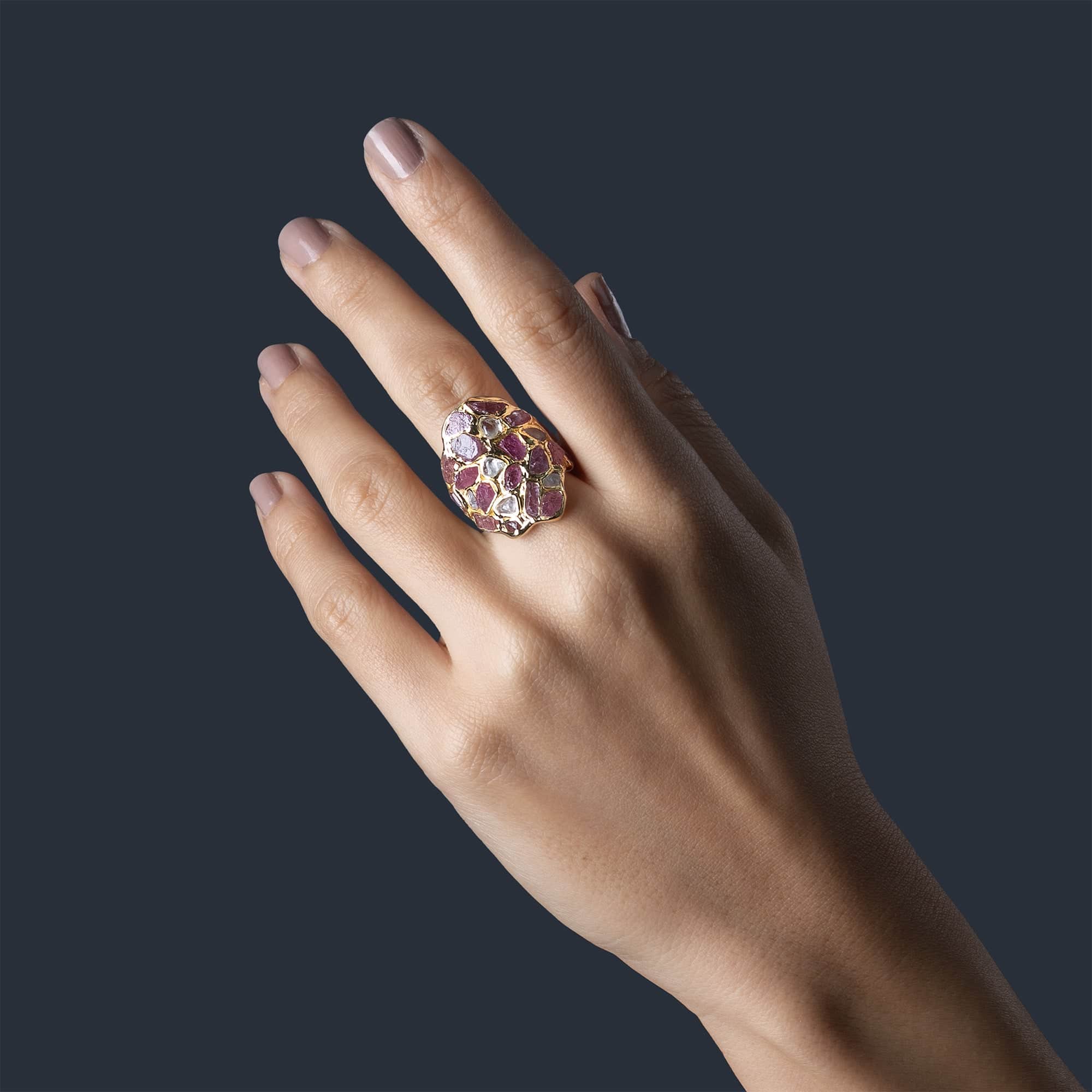 Kelea Handcrafted Ring with Natural Raw White Zircon & Ruby in 14K Gold Plated Silver