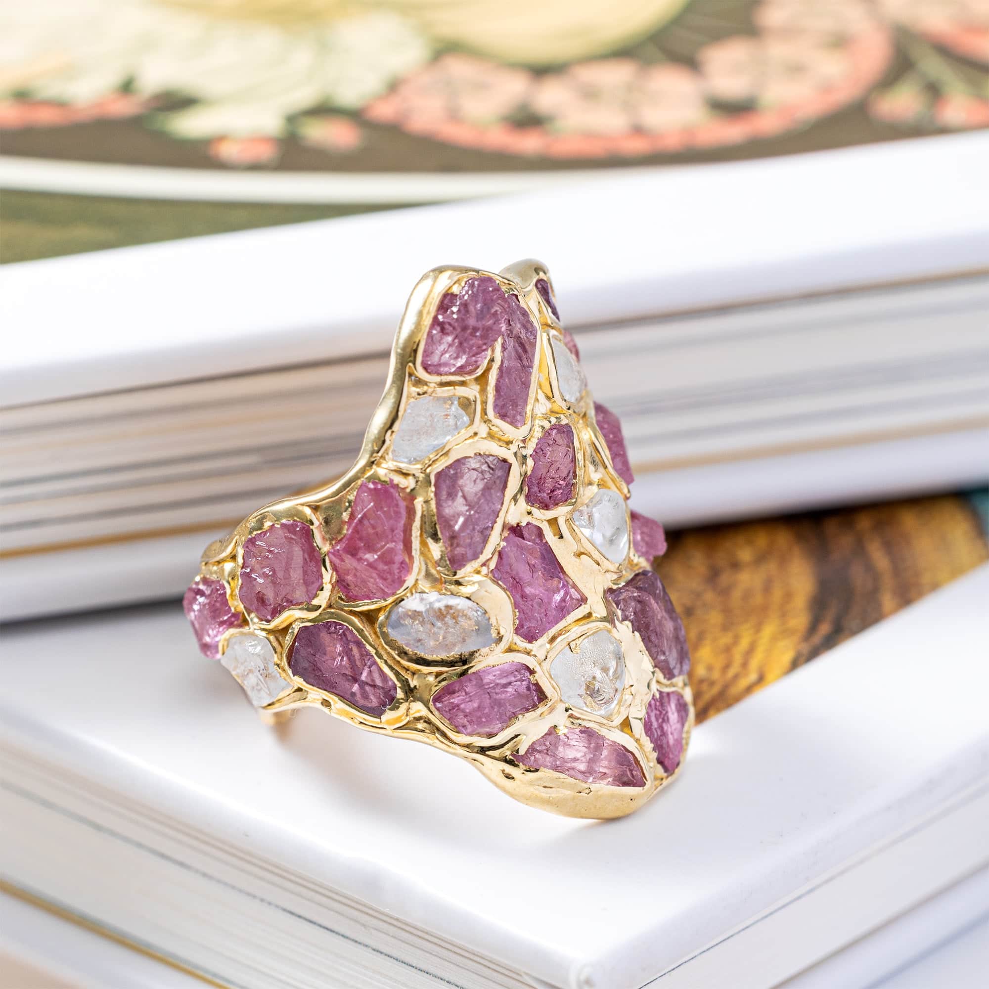 Kelea Handcrafted Ring with Natural Raw White Zircon & Ruby in 14K Gold Plated Silver