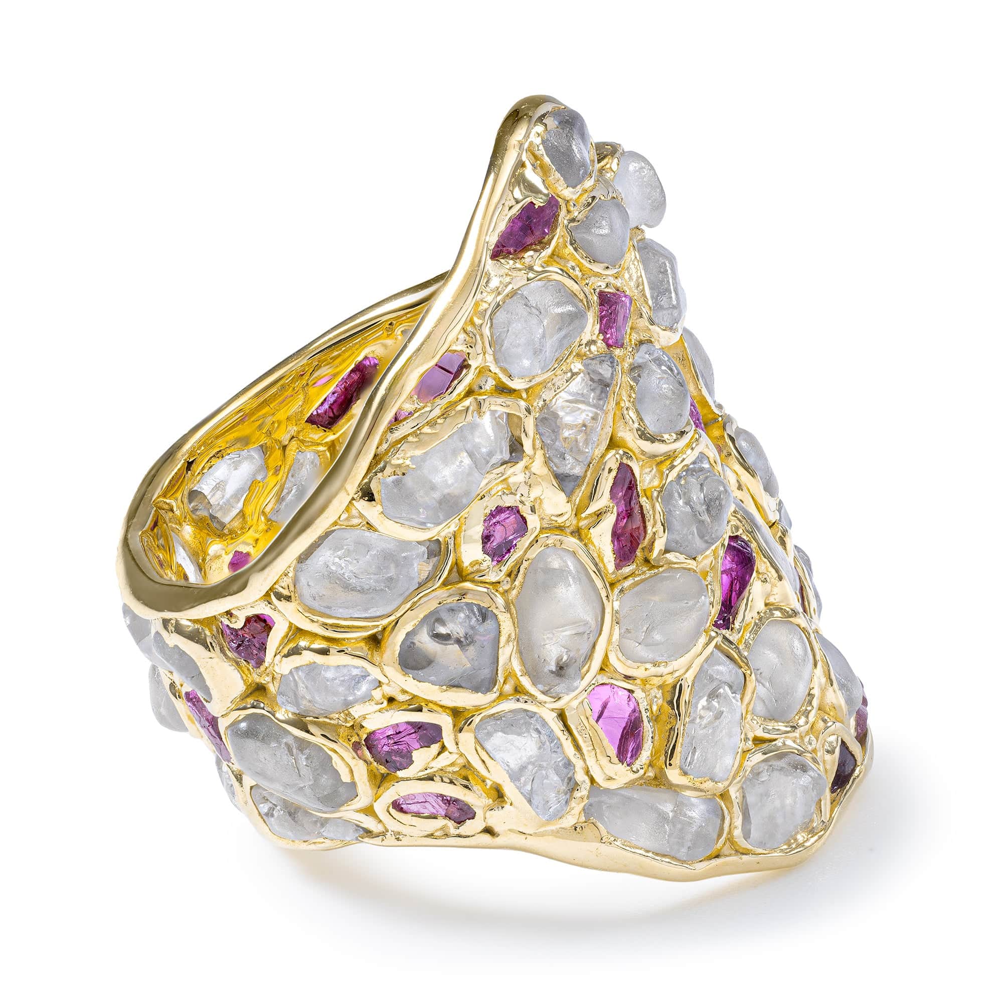 Kelea Handcrafted Ring with Raw Natural White Zircon & Ruby Accents in 14K Gold Plated Silver