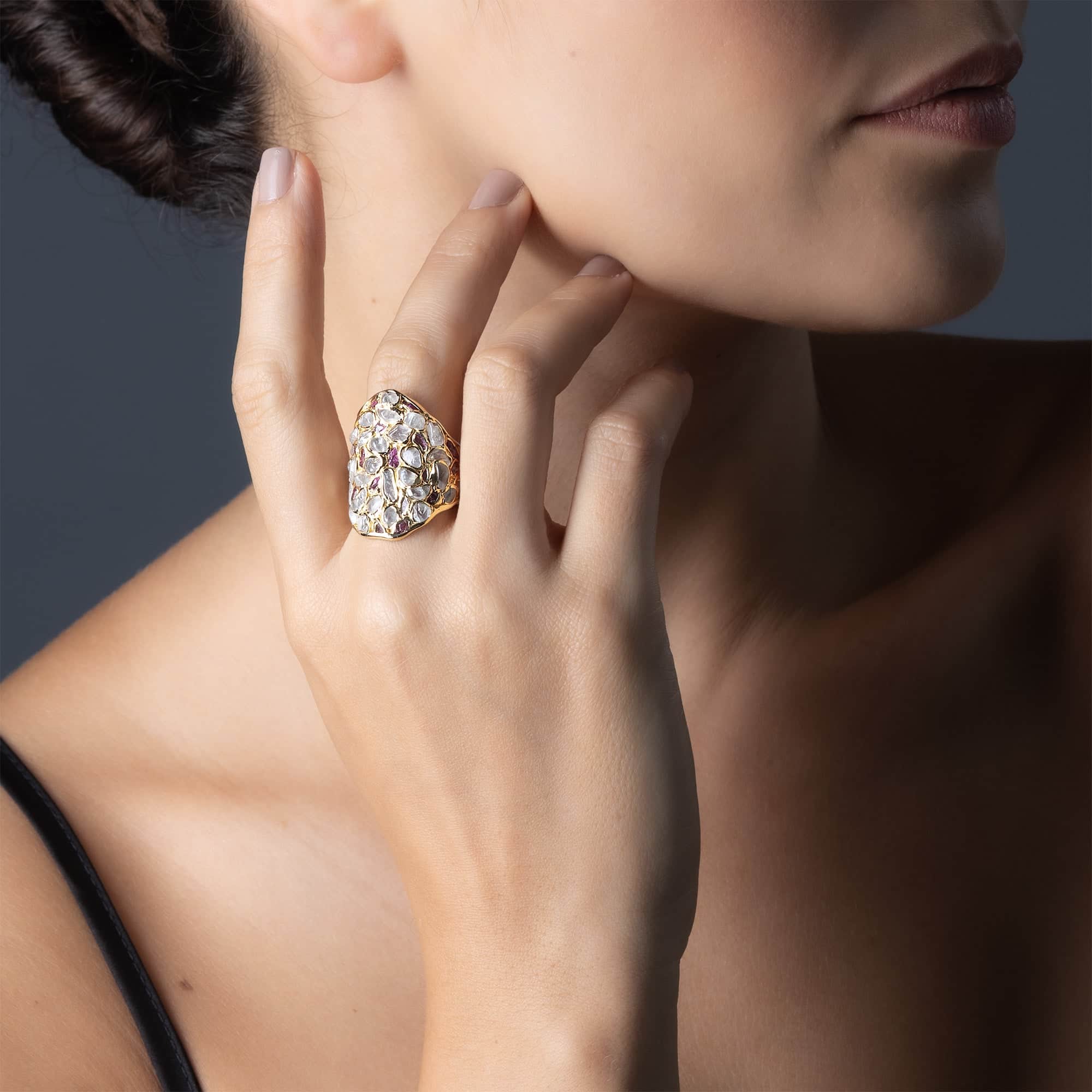 Kelea Handcrafted Ring with Raw Natural White Zircon & Ruby Accents in 14K Gold Plated Silver