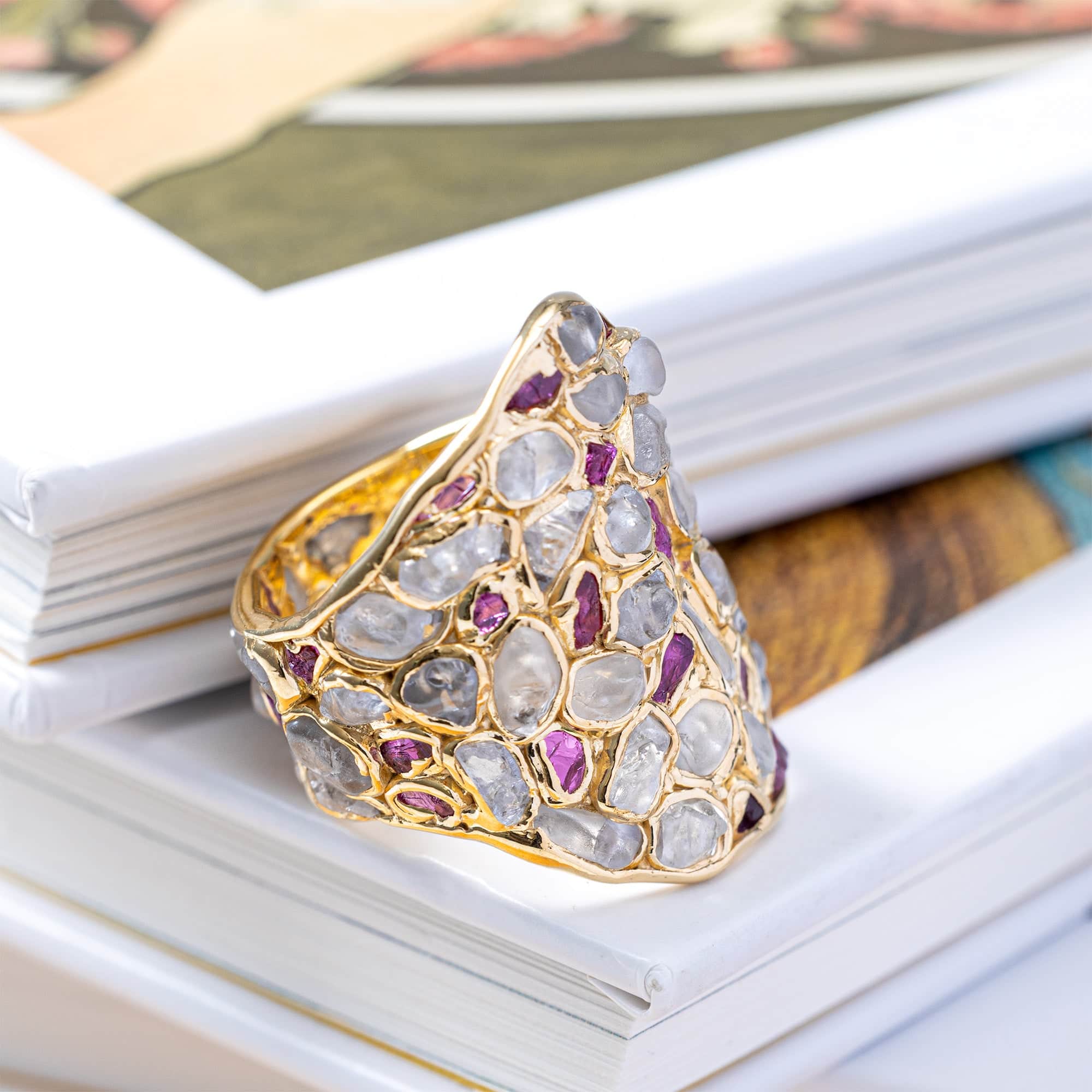 Kelea Handcrafted Ring with Raw Natural White Zircon & Ruby Accents in 14K Gold Plated Silver