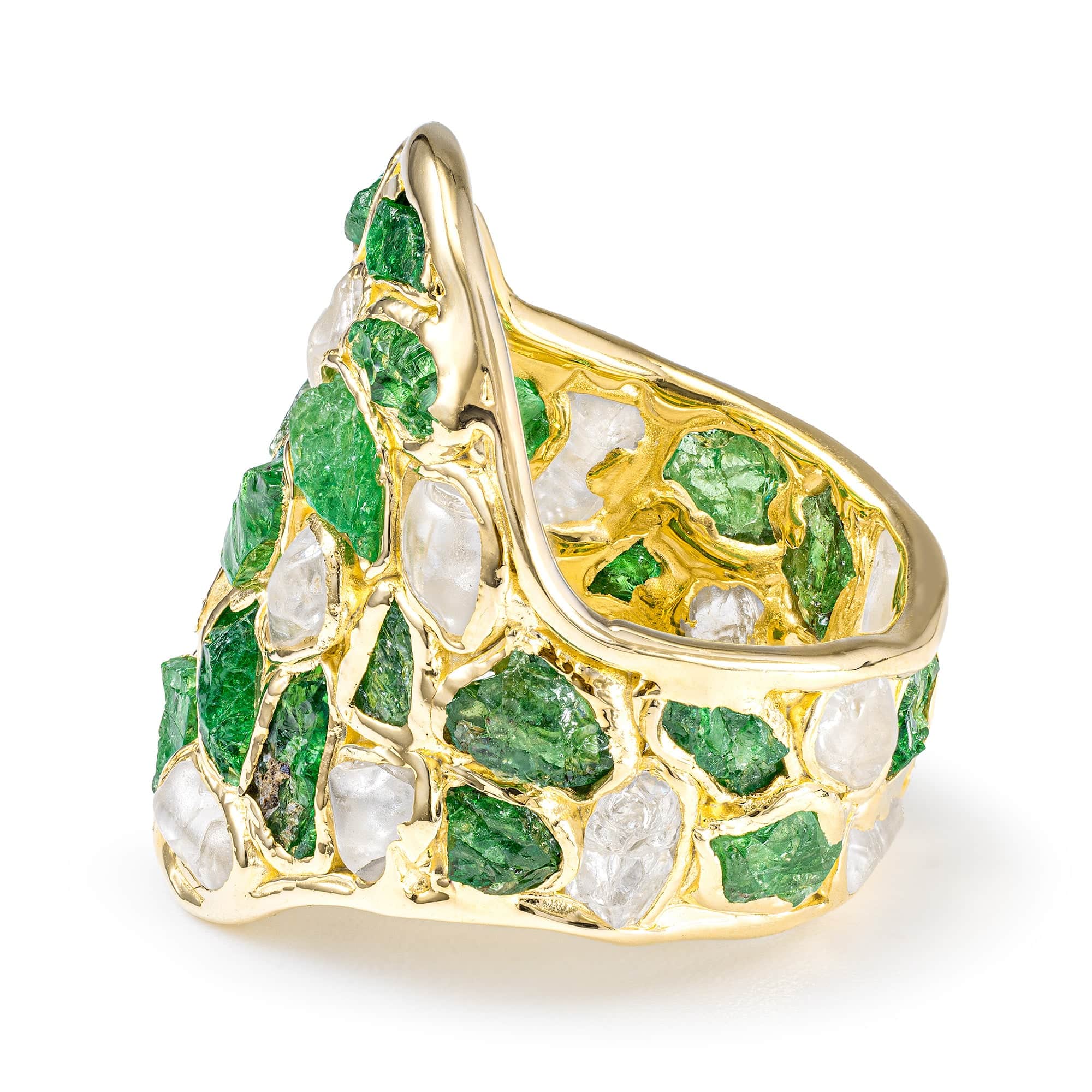Kelea Handcrafted Ring with Raw Natural White Zircon & Tsavorite Garnet in 14K Gold Plated Silver
