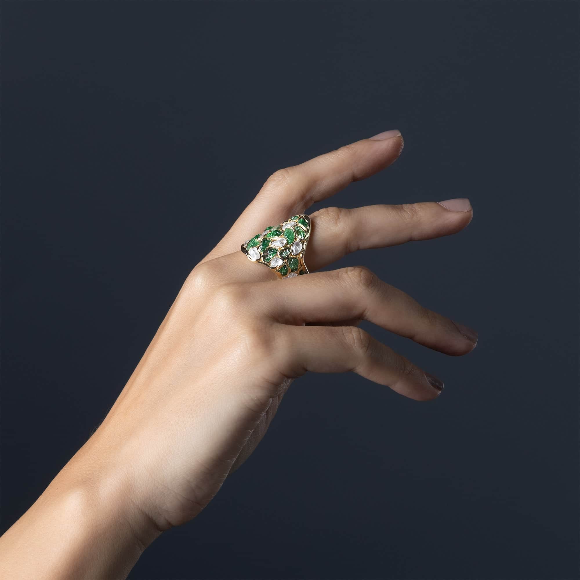 Kelea Handcrafted Ring with Raw Natural White Zircon & Tsavorite Garnet in 14K Gold Plated Silver