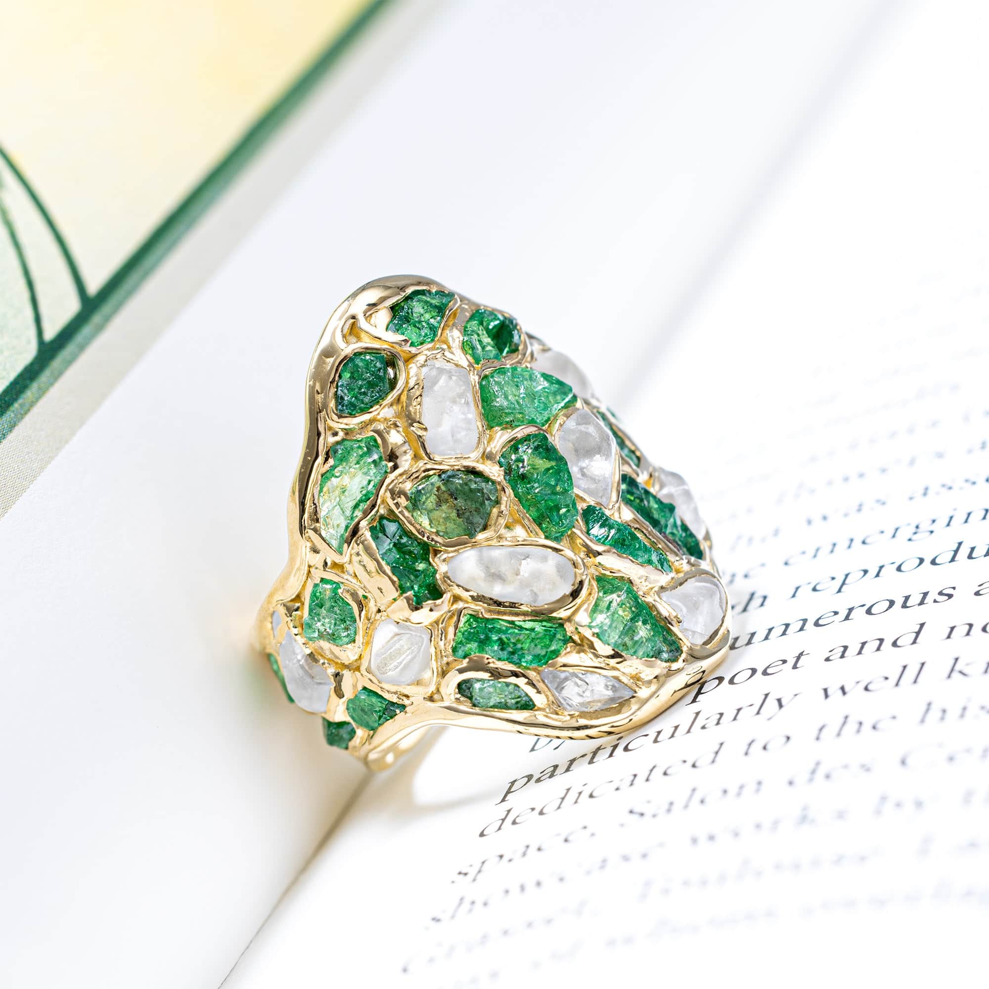 Kelea Handcrafted Ring with Raw Natural White Zircon & Tsavorite Garnet in 14K Gold Plated Silver