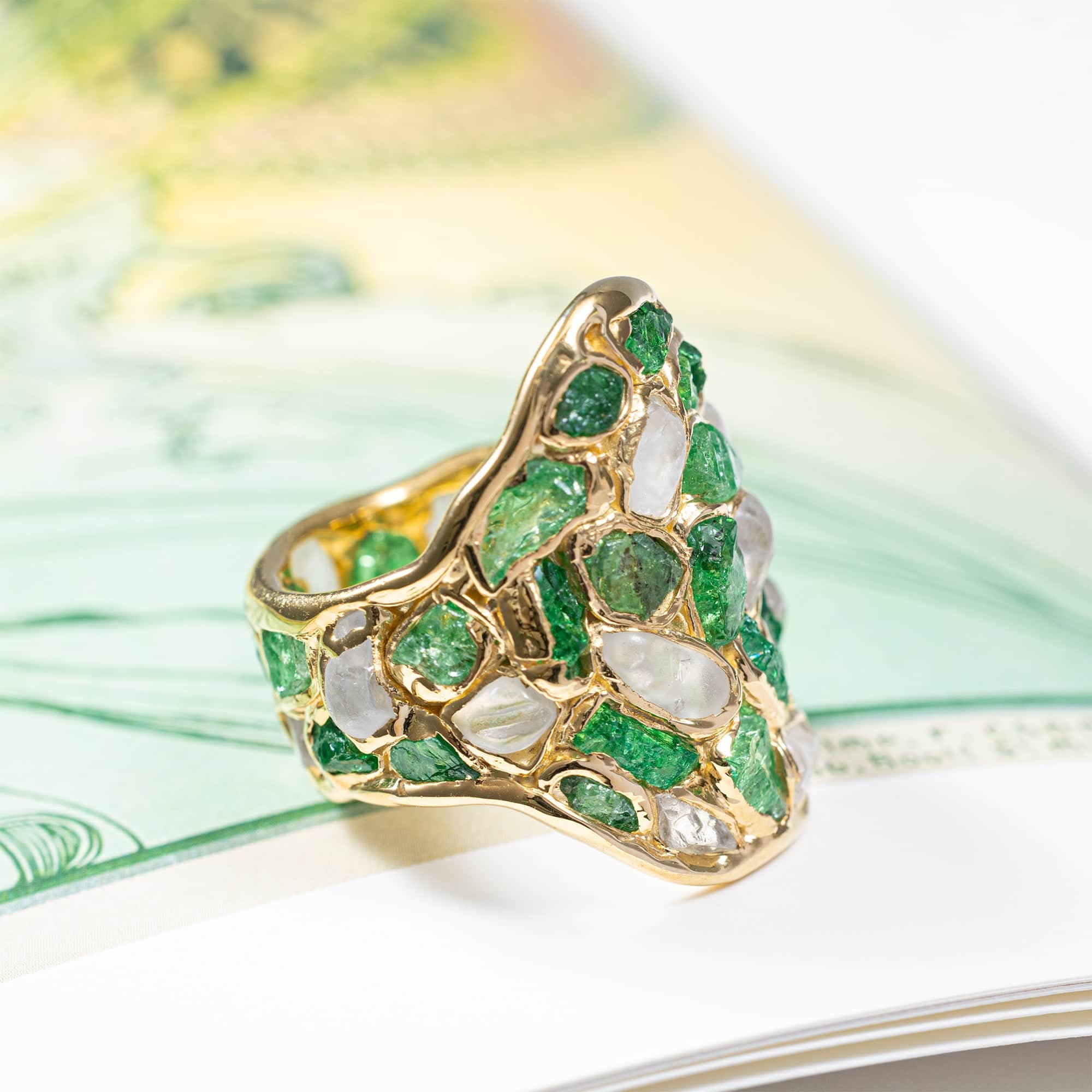 Kelea Handcrafted Ring with Raw Natural White Zircon & Tsavorite Garnet in 14K Gold Plated Silver