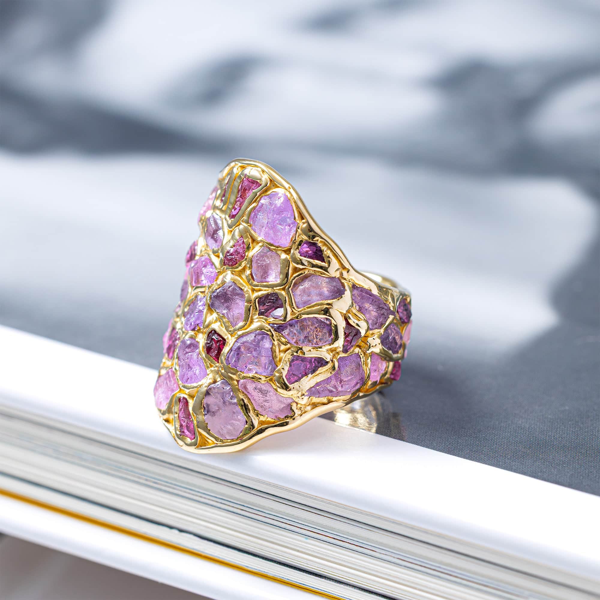 Kelea Handcrafted Ring with Raw Pink Sapphire & Ruby in 14K Gold Plated Silver